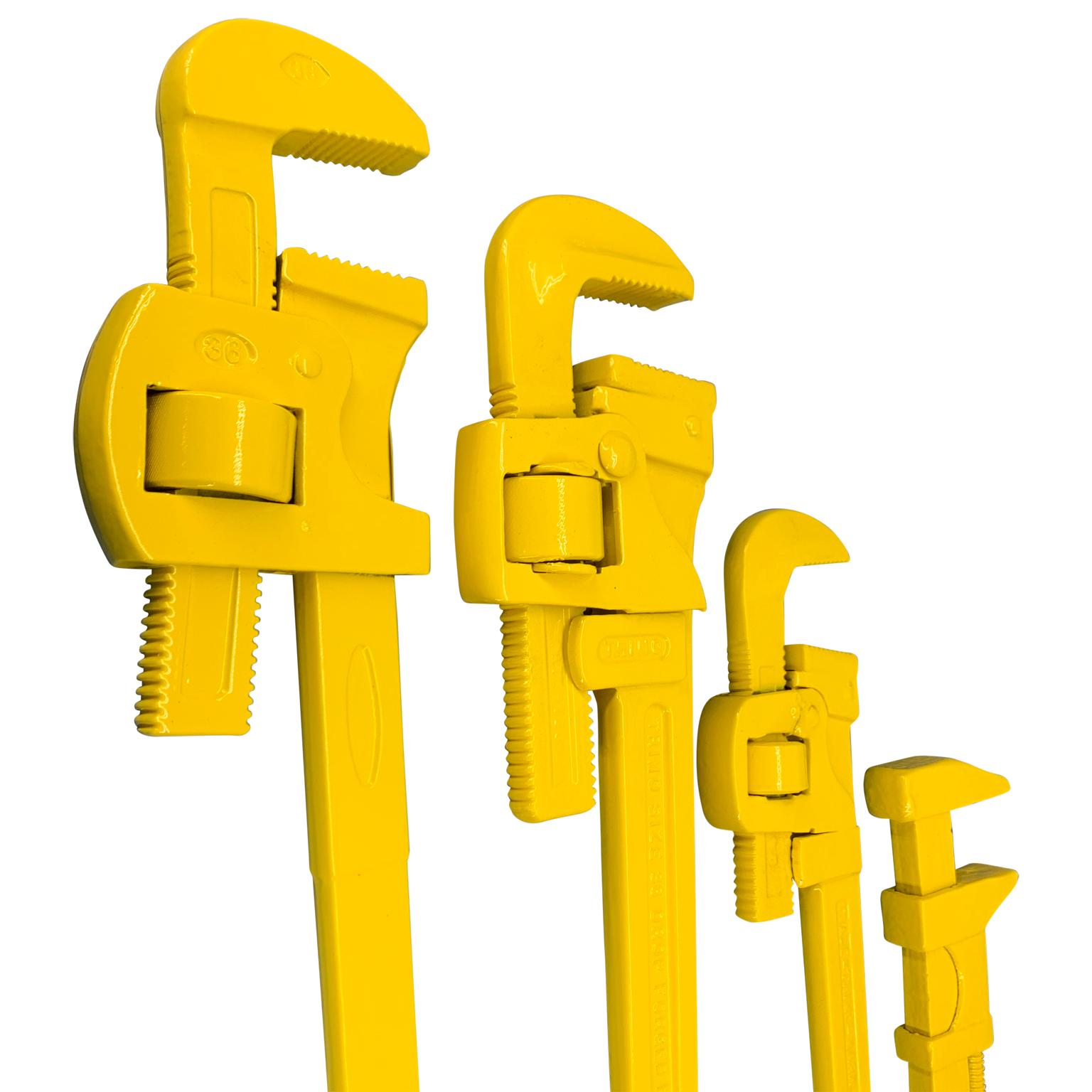Set of four large sunshine yellow powder-coated industrial wrenches.