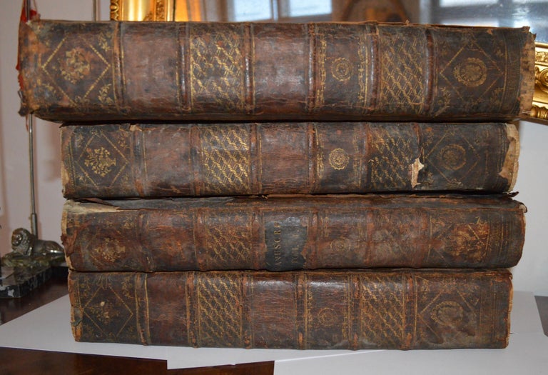 Set Of Four Large Thick 18th Century Leather Bound Books For