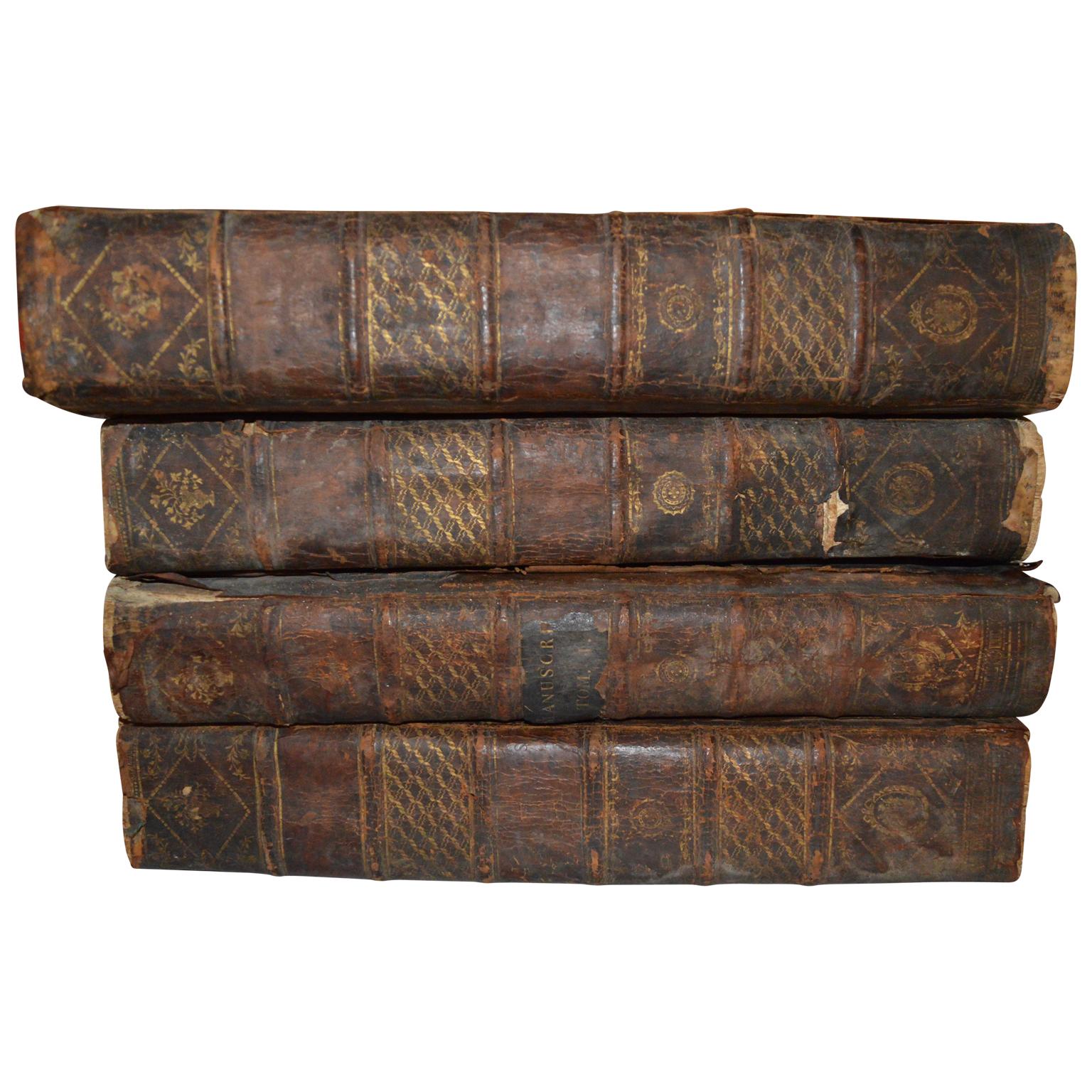 Set of Four Large Thick, 18th Century Leather-Bound Books for Decoration