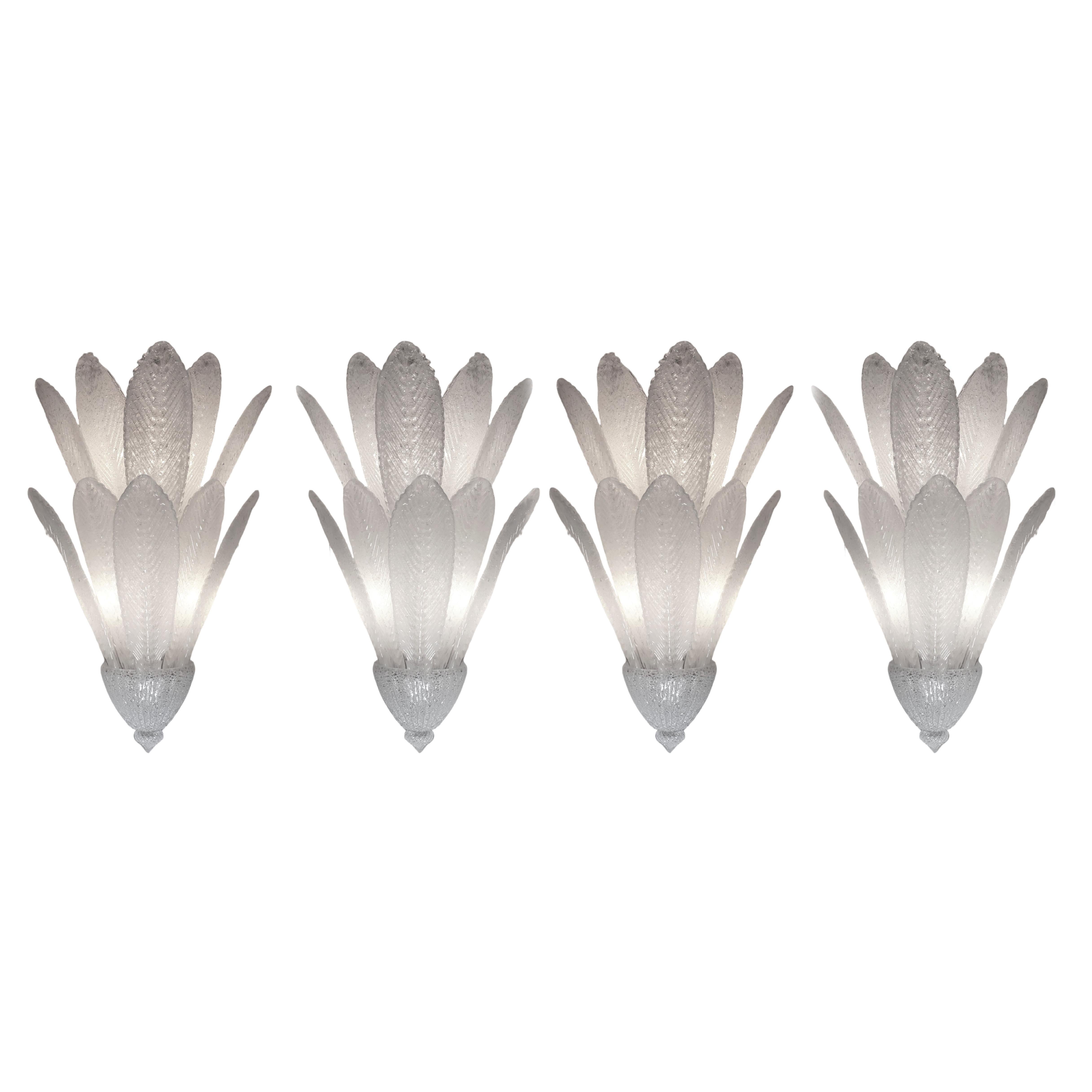 Set of four large two tier handblown Murano feather sconces by Barovier et Toso  For Sale