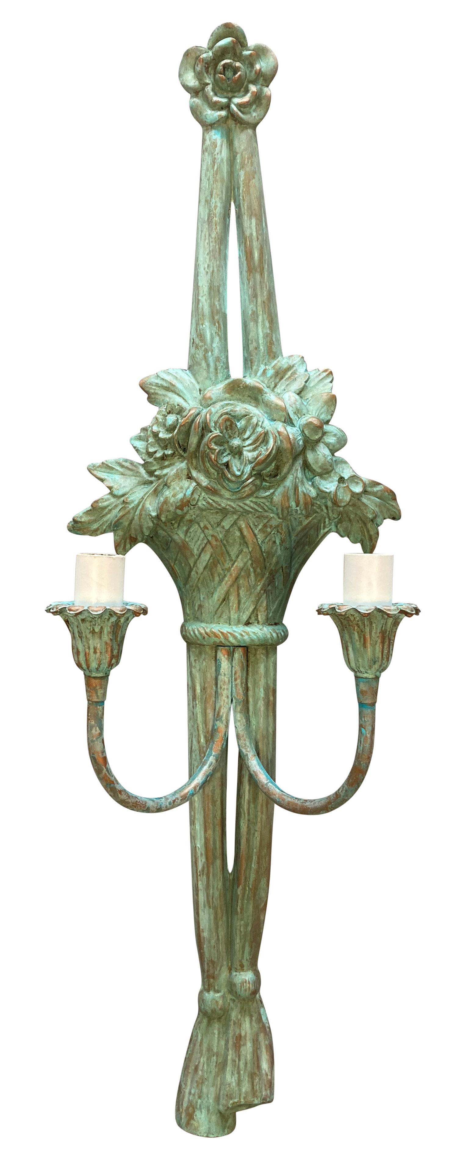 A set of four French twin arm wall sconces in verdigris copper.