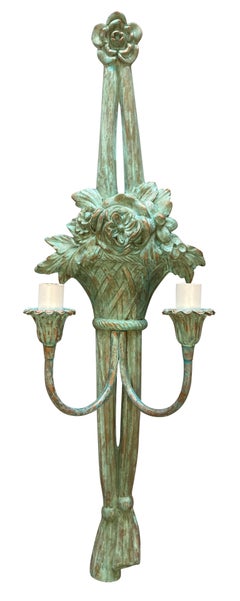 Set Of Four Large Verdigris Copper Twin Branch Wall Sconces