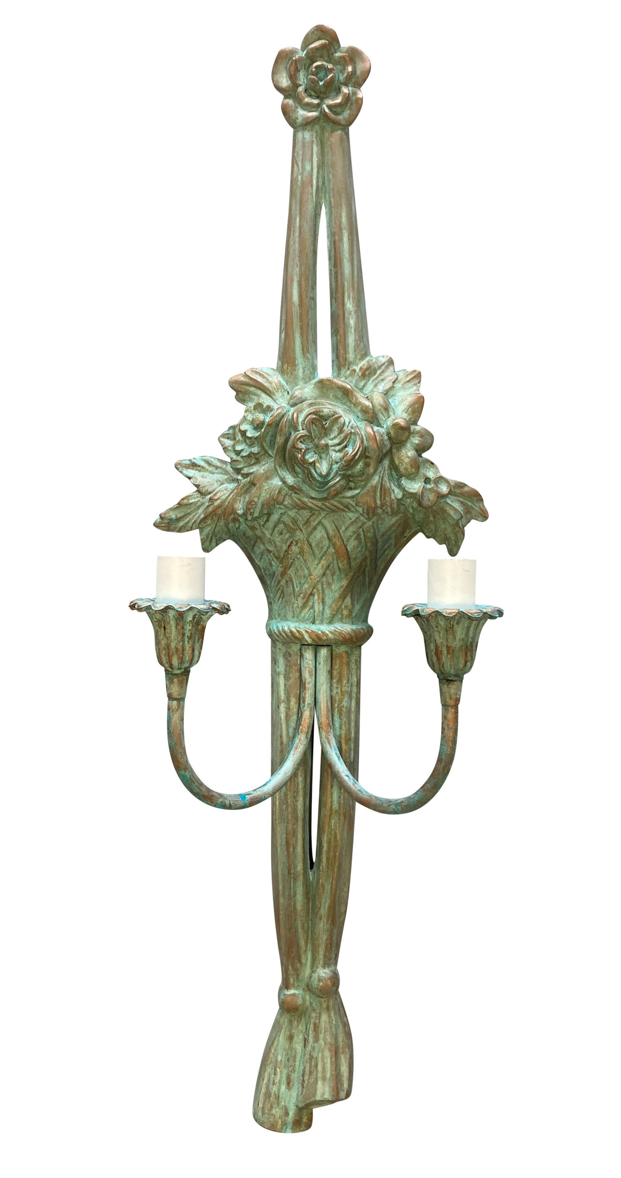 French Set Of Four Large Verdigris Copper Twin Branch Wall Sconces For Sale
