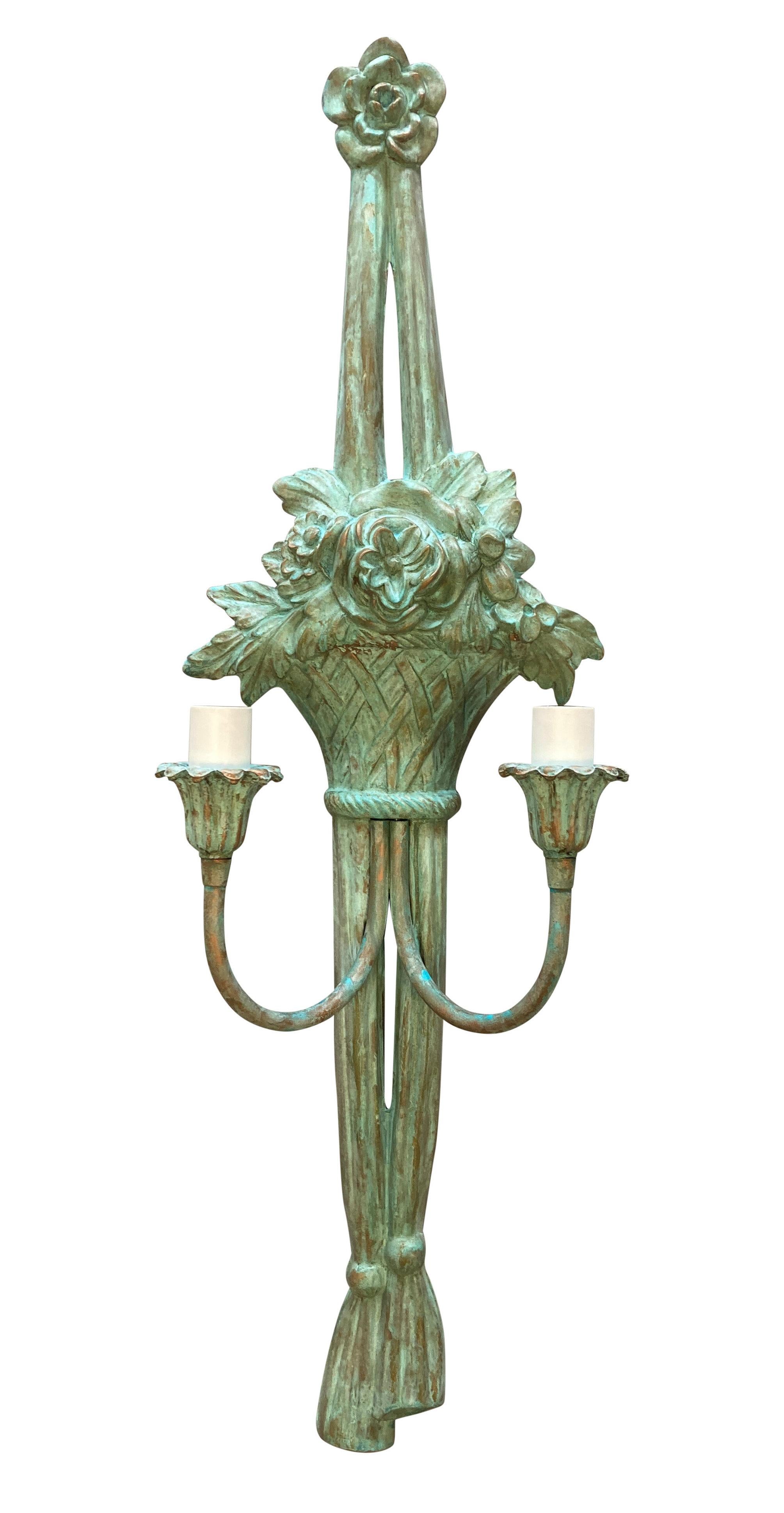 Set Of Four Large Verdigris Copper Twin Branch Wall Sconces In Good Condition For Sale In Kent, Dover
