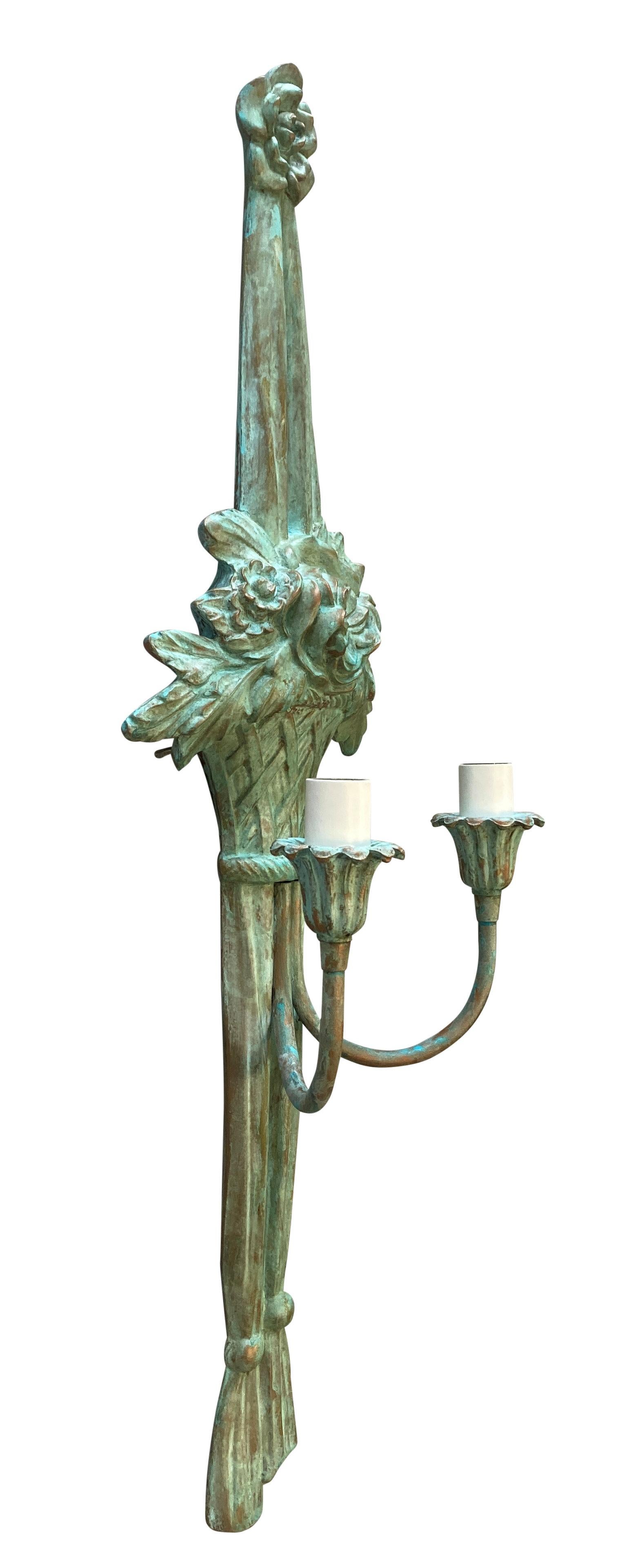 Late 20th Century Set Of Four Large Verdigris Copper Twin Branch Wall Sconces For Sale