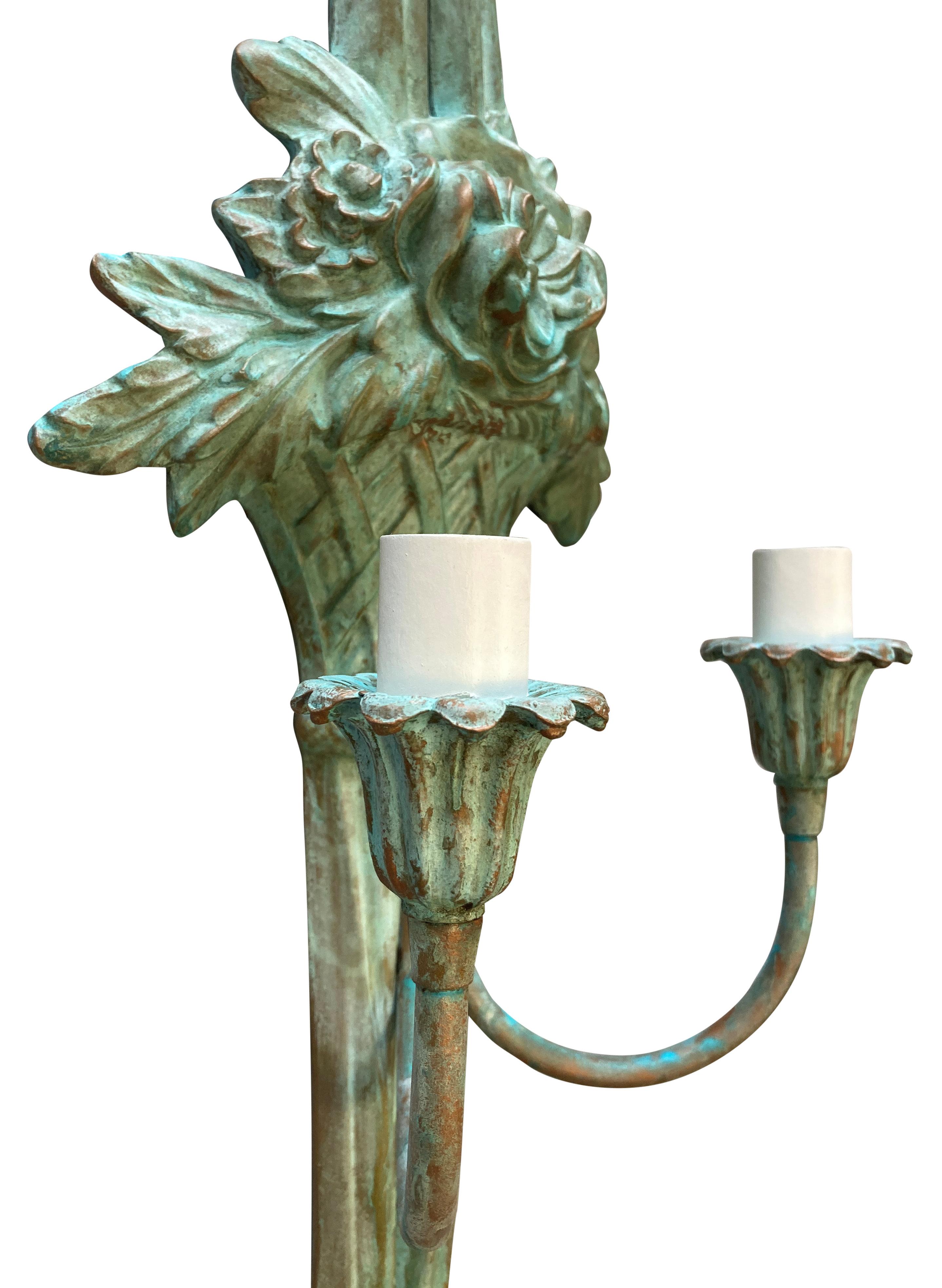 Brass Set Of Four Large Verdigris Copper Twin Branch Wall Sconces For Sale