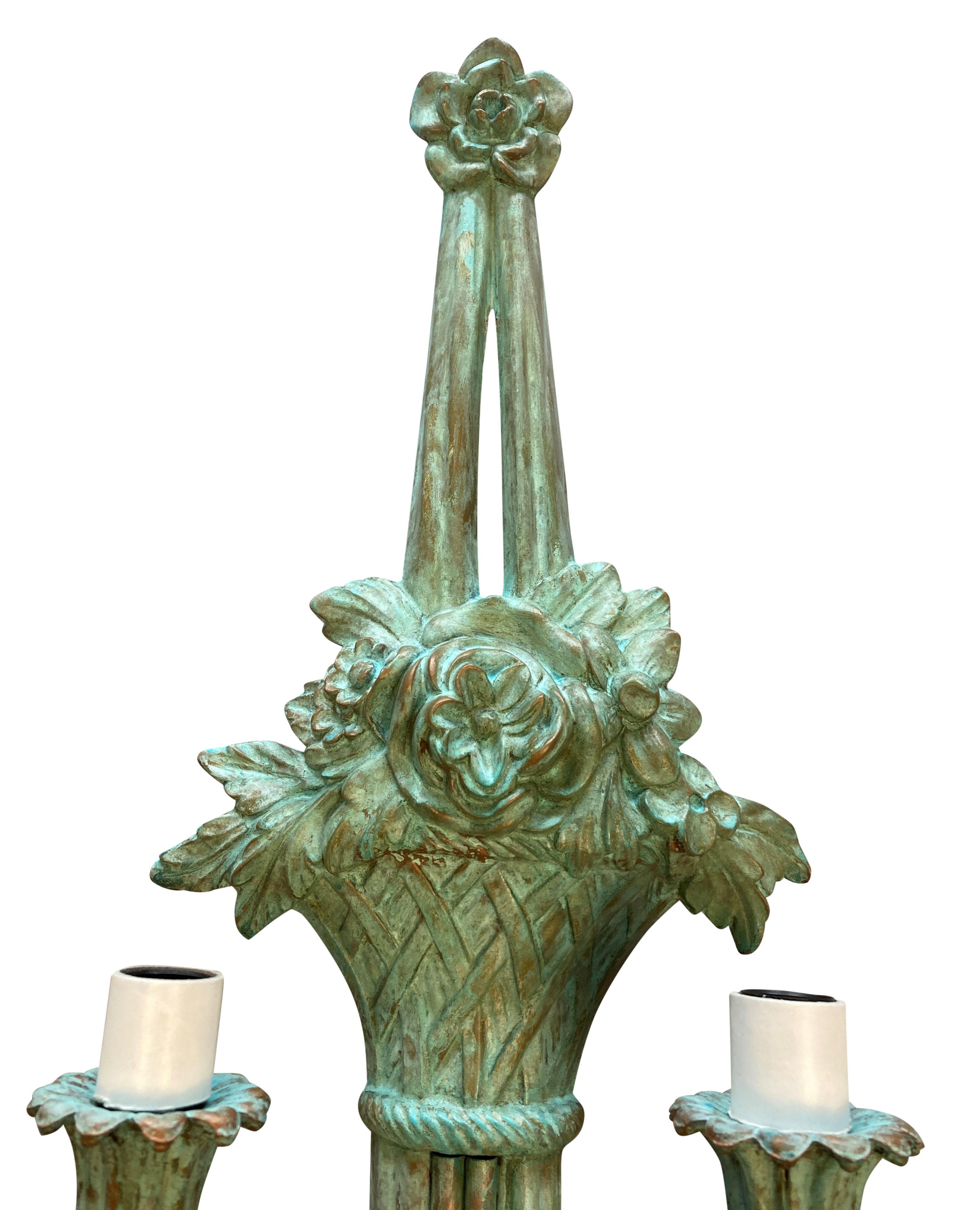 Set Of Four Large Verdigris Copper Twin Branch Wall Sconces For Sale 1