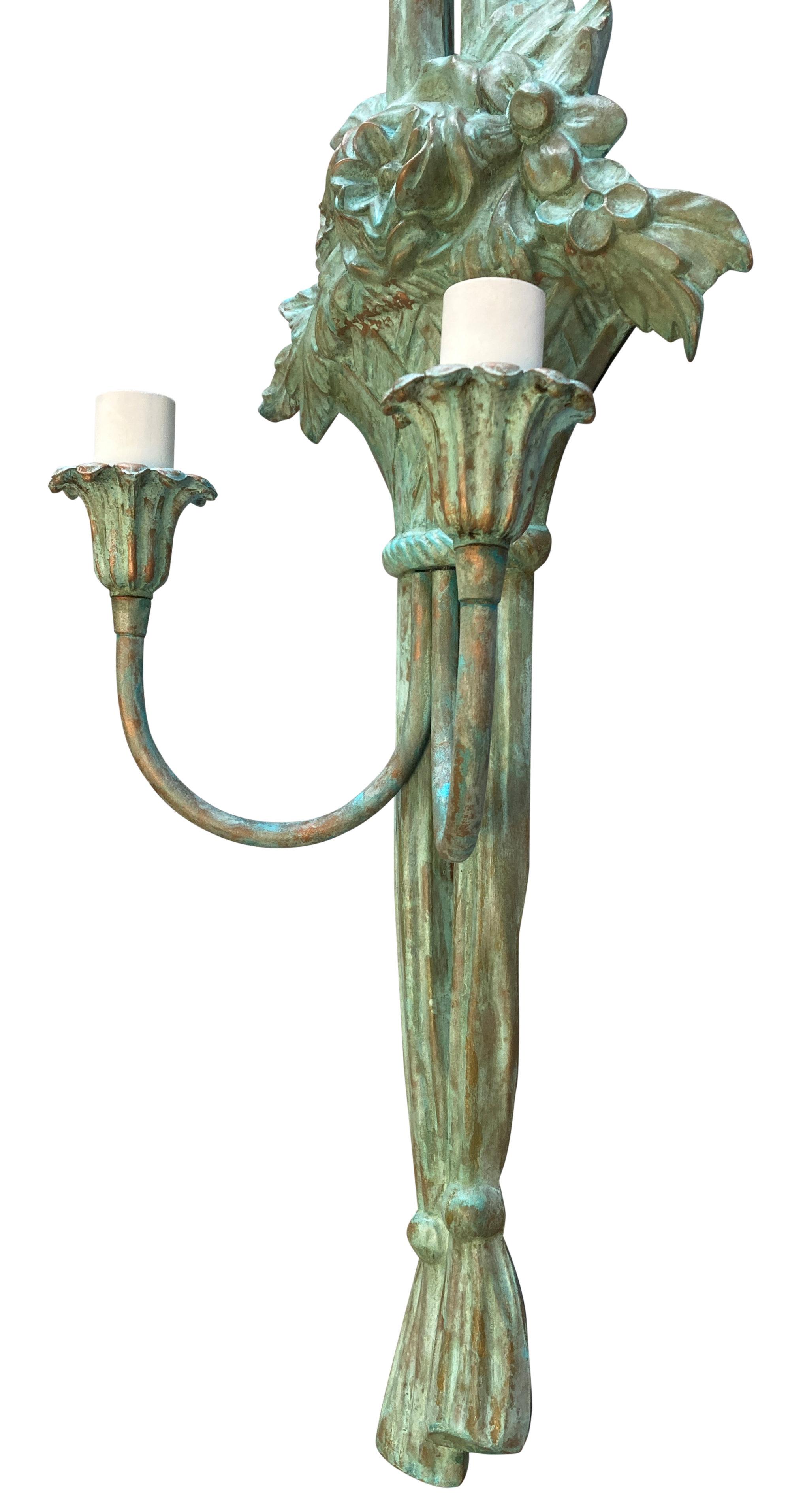 Set Of Four Large Verdigris Copper Twin Branch Wall Sconces For Sale 2
