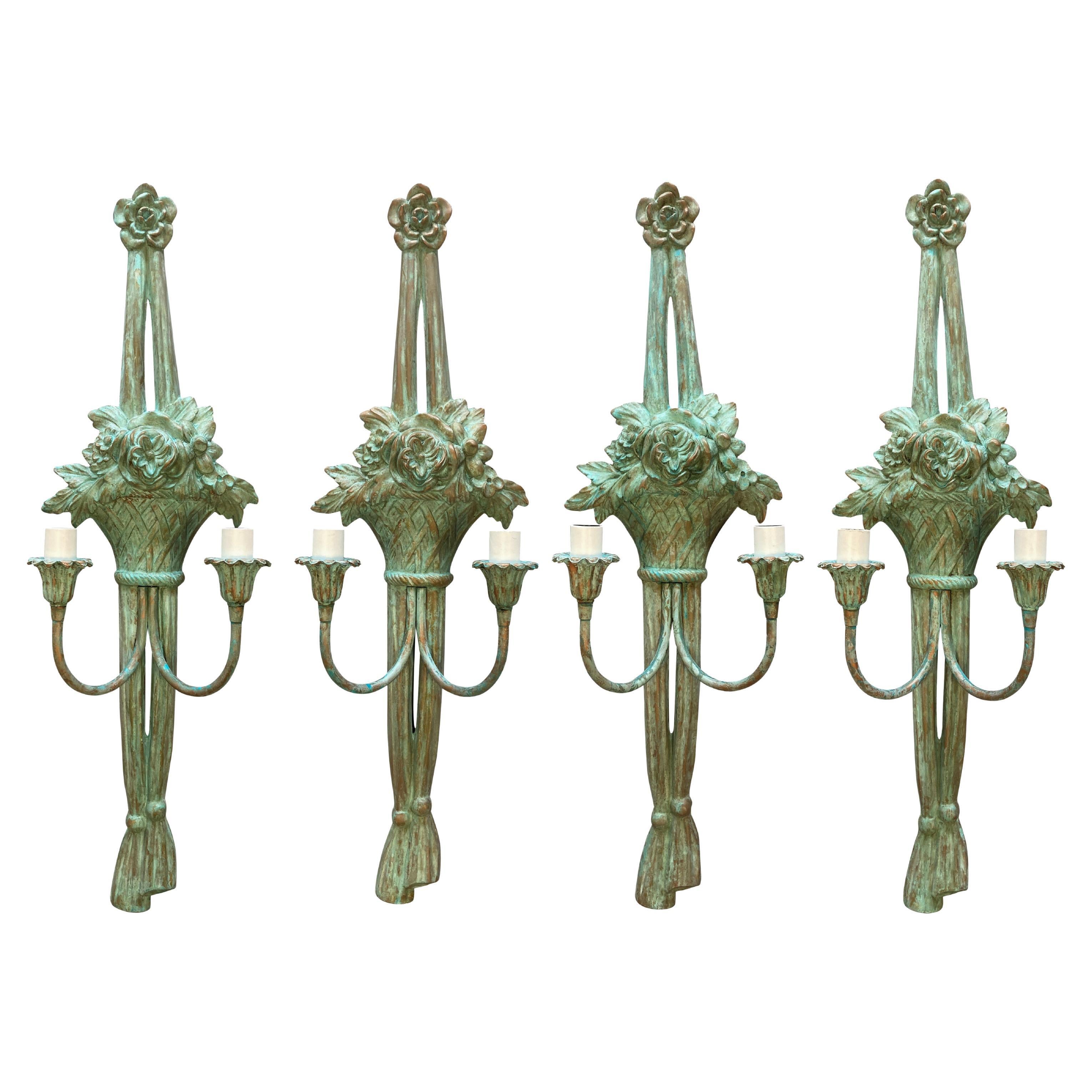 Set Of Four Large Verdigris Copper Twin Branch Wall Sconces For Sale
