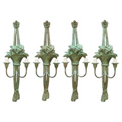 Set Of Four Large Verdigris Copper Twin Branch Wall Sconces