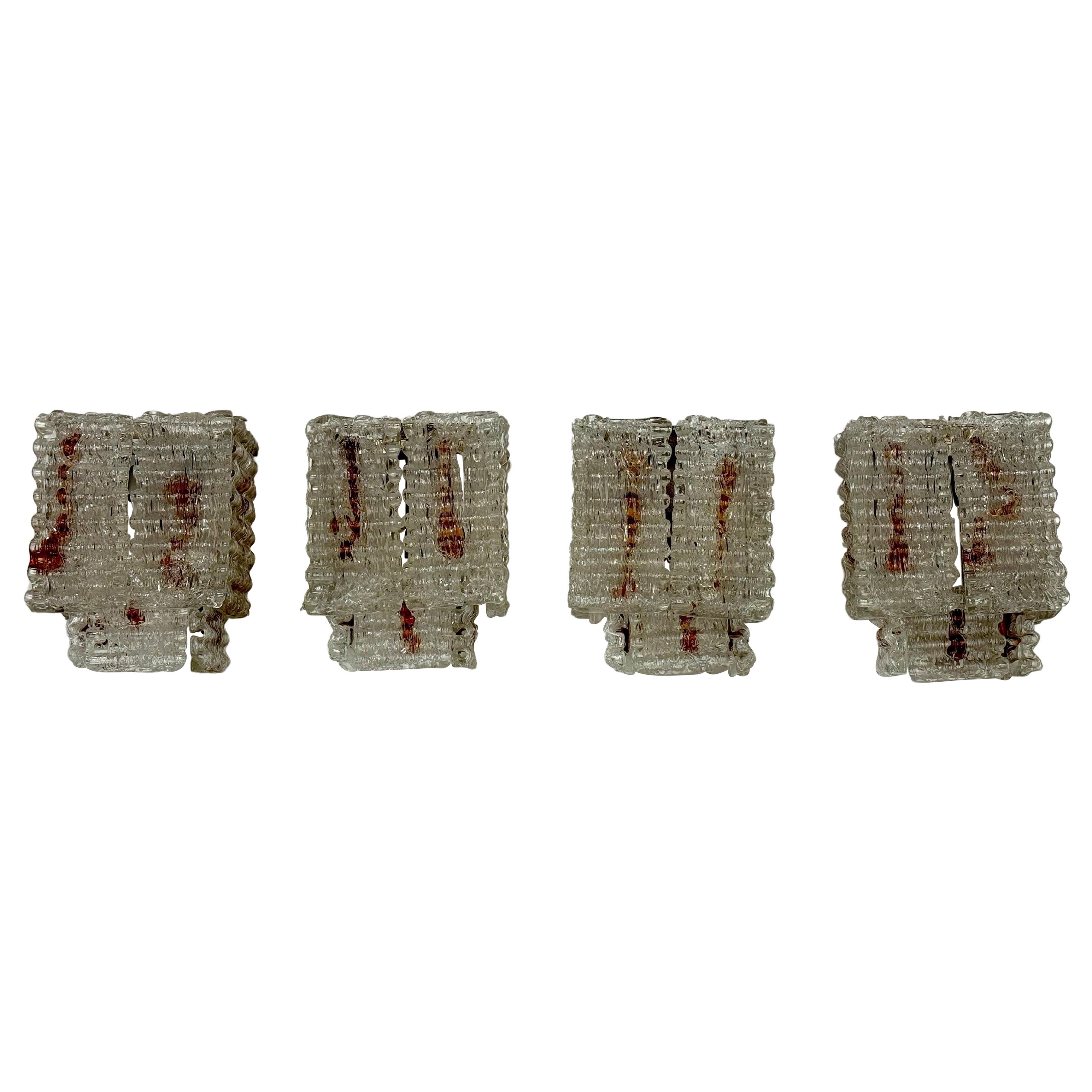 Set of four large wall lamps in murano glass elements. Italy 1970s For Sale