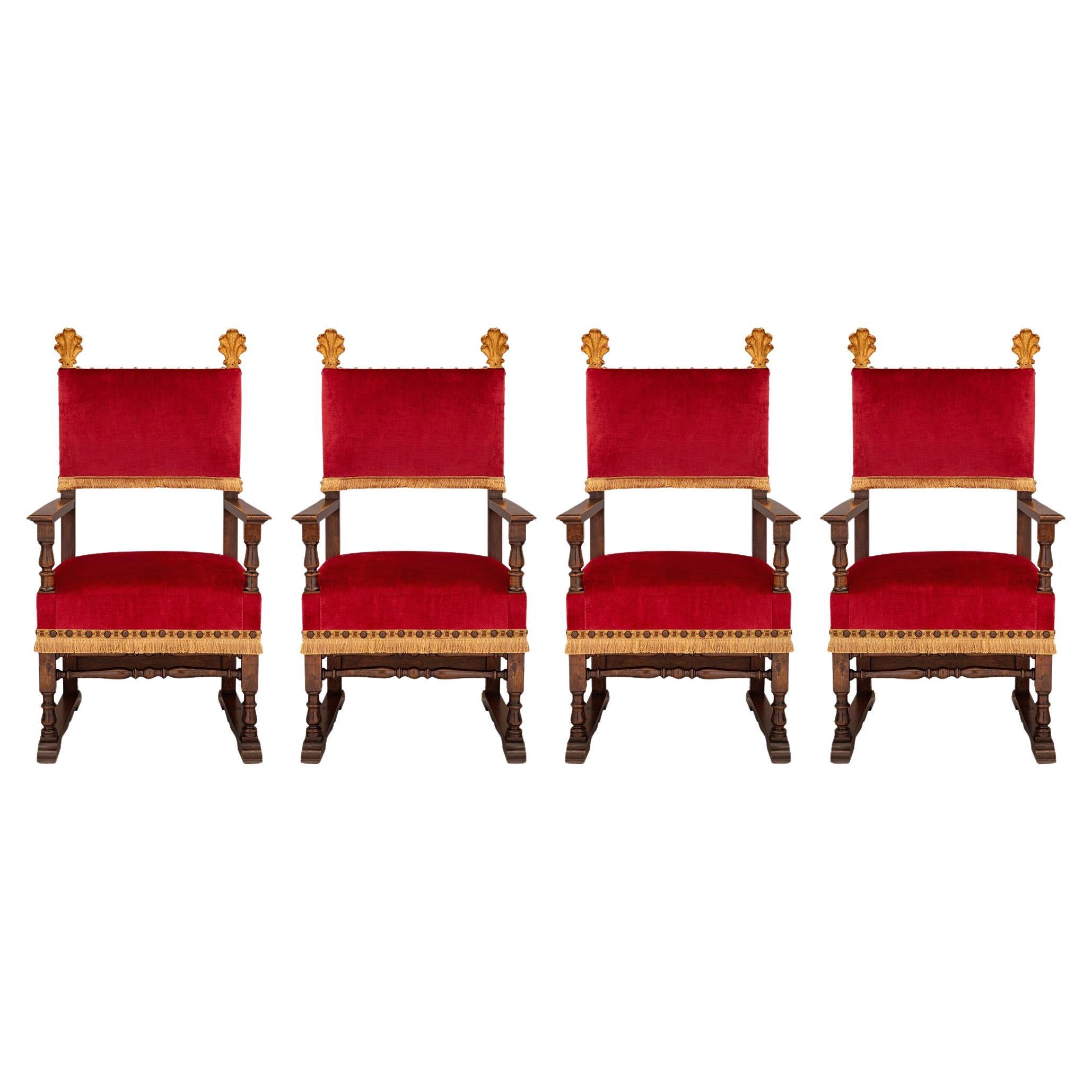 Set of Four Late 18th Century Baroque Walnut and Gilt Armchairs