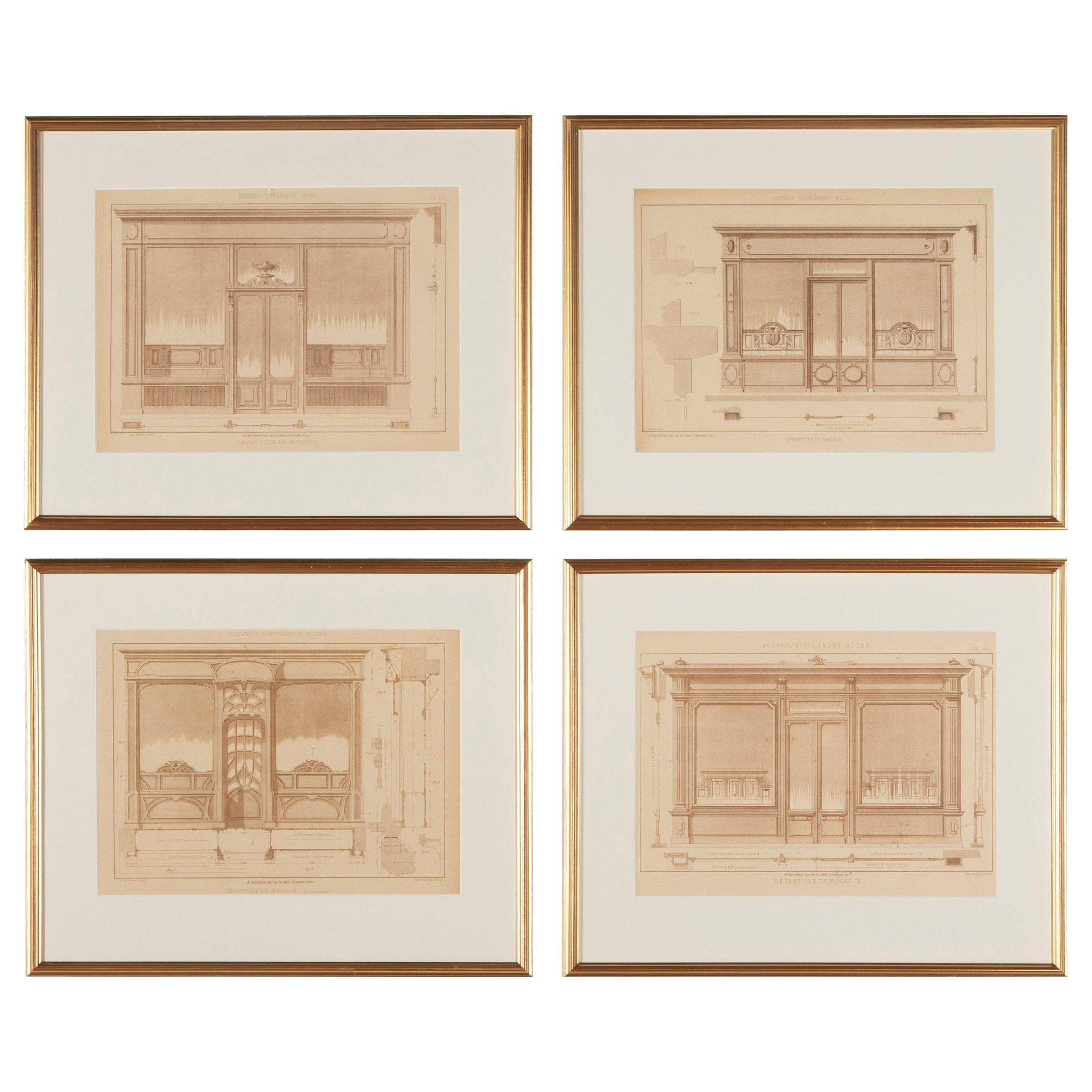 Set of Four Late 19th Century French Architectural Engravings of Shopfronts