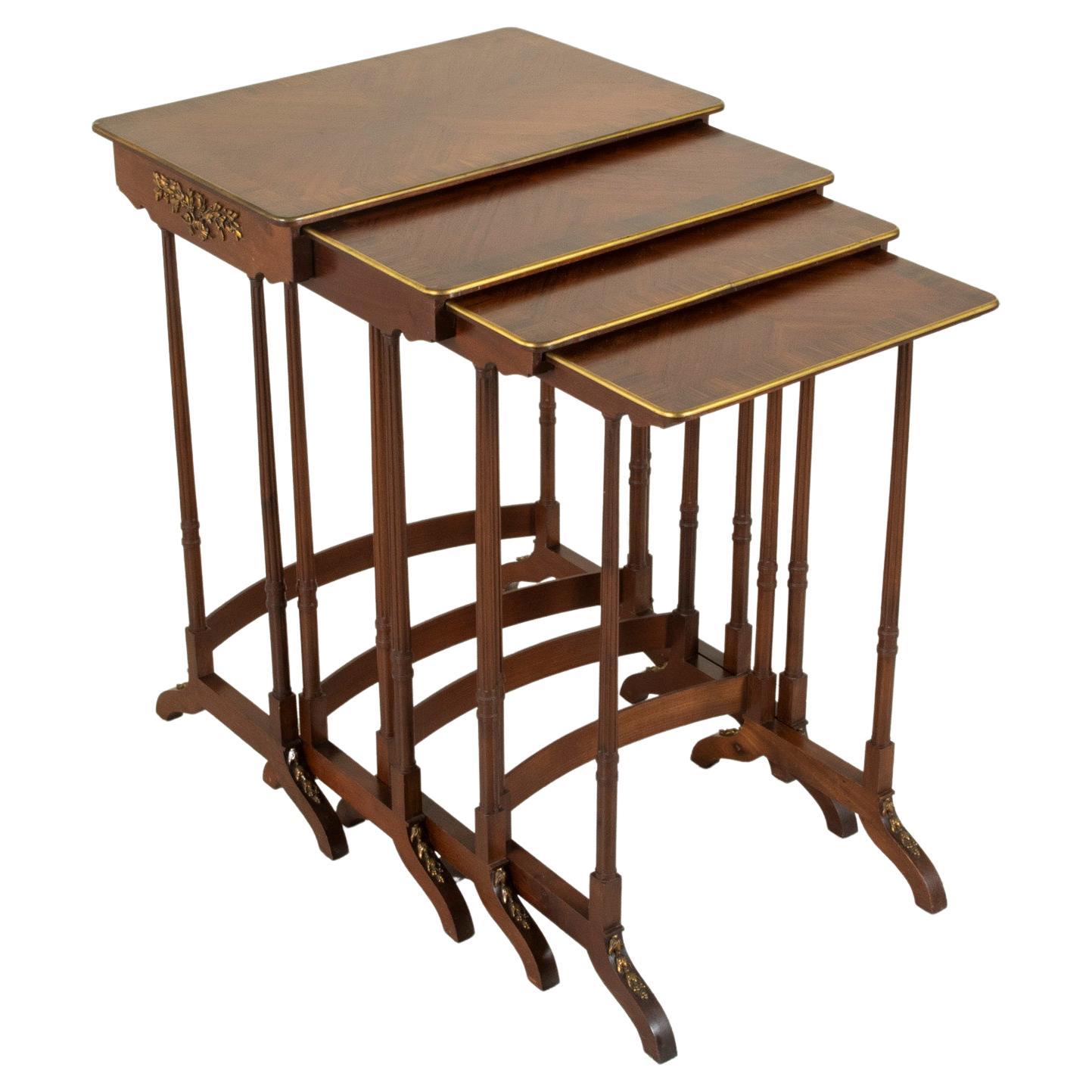 Set of Four Mahogany Nesting Tables with Brass Inlay and Trim, Mid20th