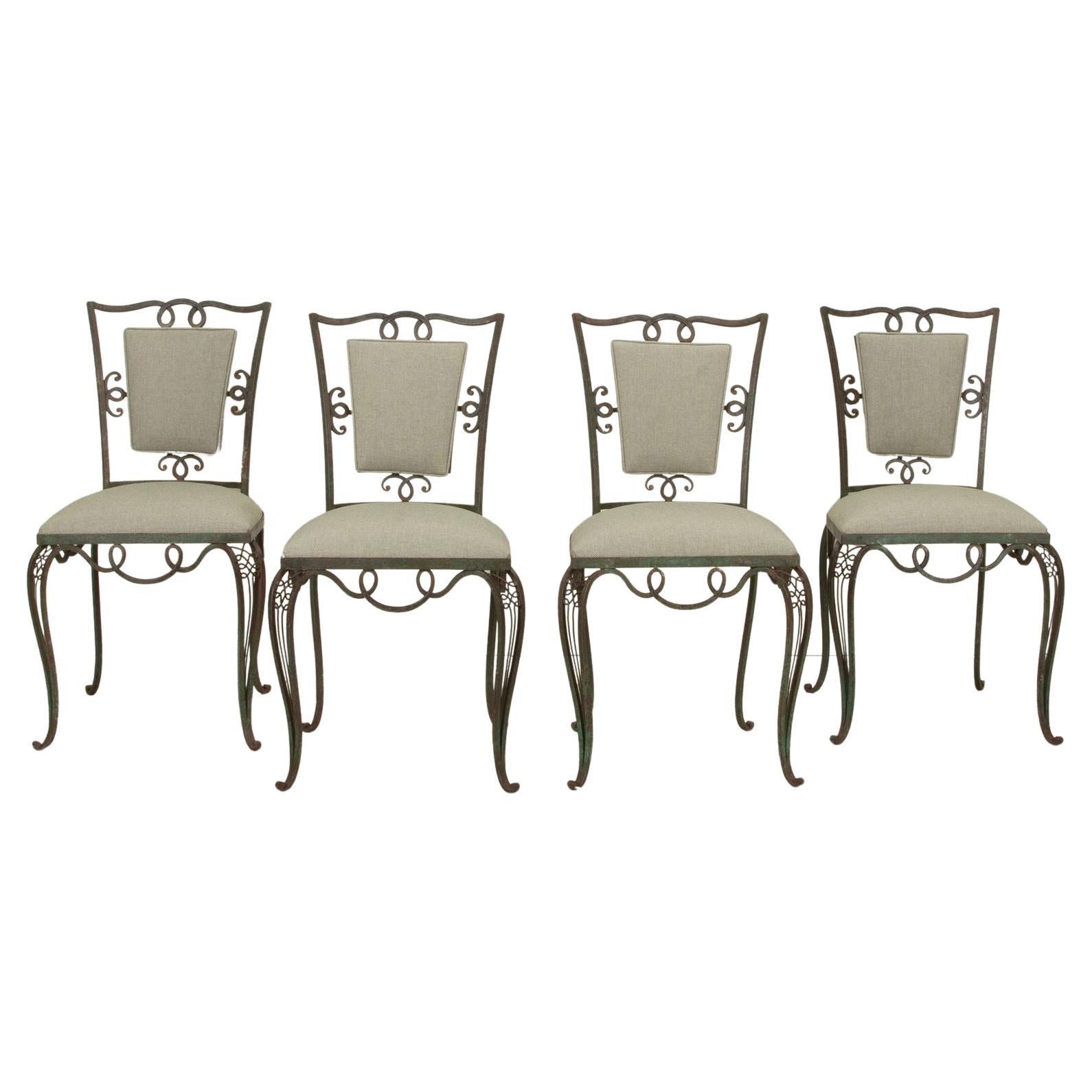 Set of Four Late Art Deco French Iron Upholstered Chairs