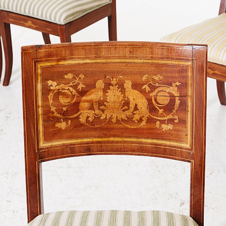 European Set of Four Late Empire Dining Chairs Marquetry and Cream / Stripe Upholstery 