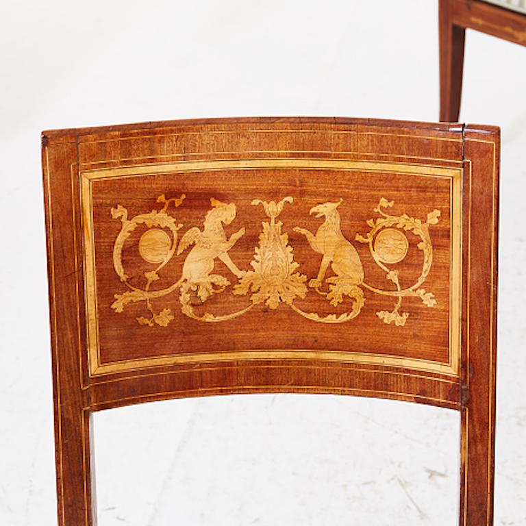 Set of Four Late Empire Dining Chairs Marquetry and Cream / Stripe Upholstery  In Good Condition In New York, NY