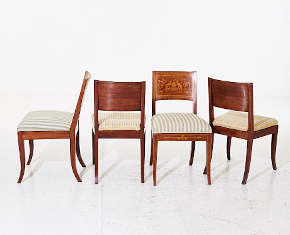 19th Century Set of Four Late Empire Dining Chairs Marquetry and Cream / Stripe Upholstery 