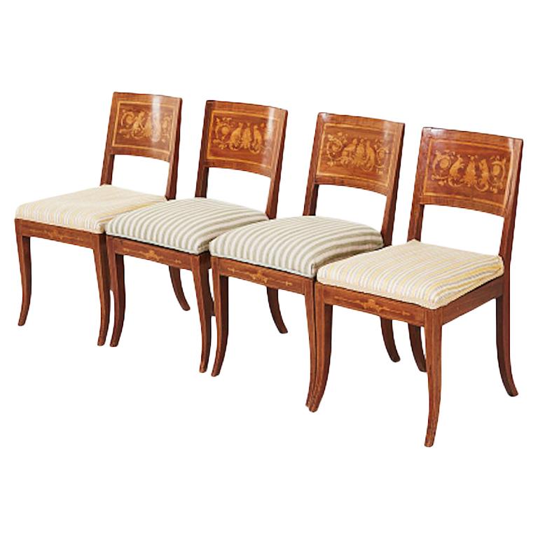 Set of Four Late Empire Dining Chairs Marquetry and Cream / Stripe Upholstery 