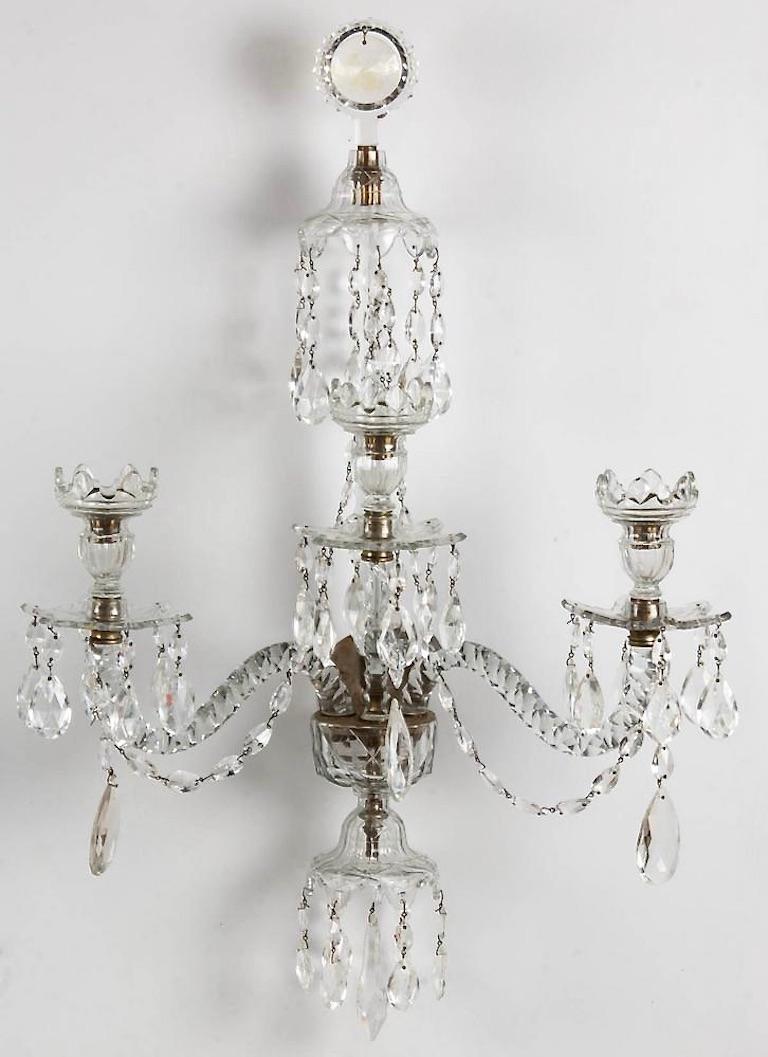 Set of Four Late George III Crystal Three Arm Wall Sconces In Good Condition For Sale In Essex, MA