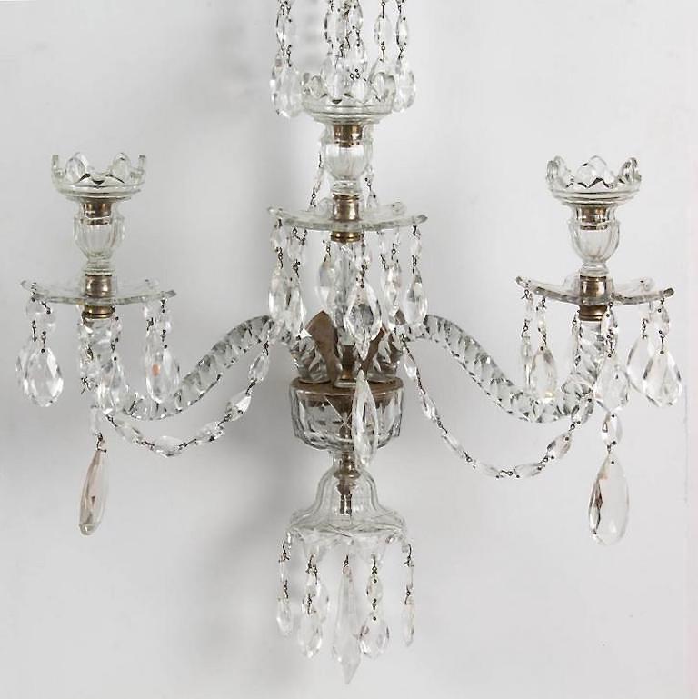 19th Century Set of Four Late George III Crystal Three Arm Wall Sconces For Sale