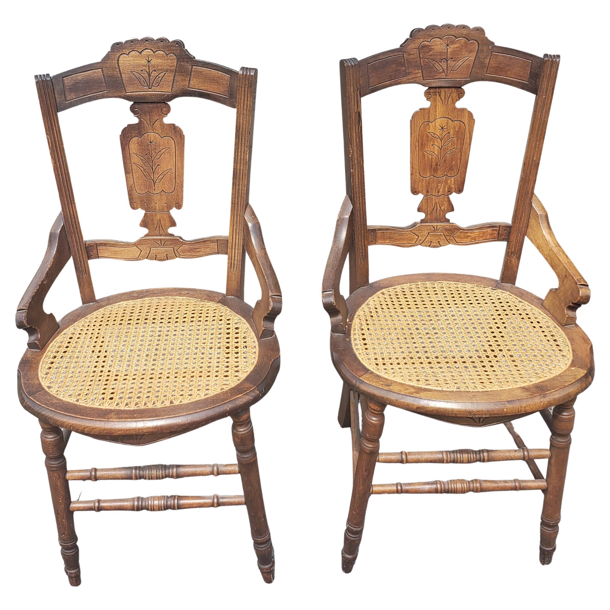 American Set of Four Late Victorian Walnut Inlays and Cane Seat Dining Chairs For Sale