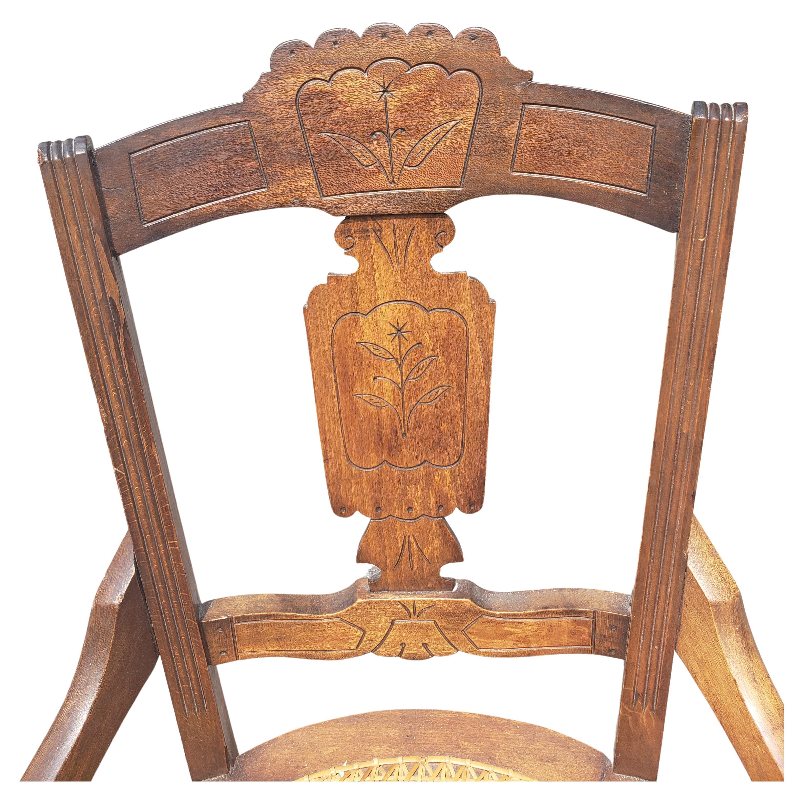 19th Century Set of Four Late Victorian Walnut Inlays and Cane Seat Dining Chairs For Sale