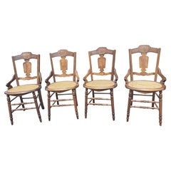 Antique Set of Four Late Victorian Walnut Inlays and Cane Seat Dining Chairs