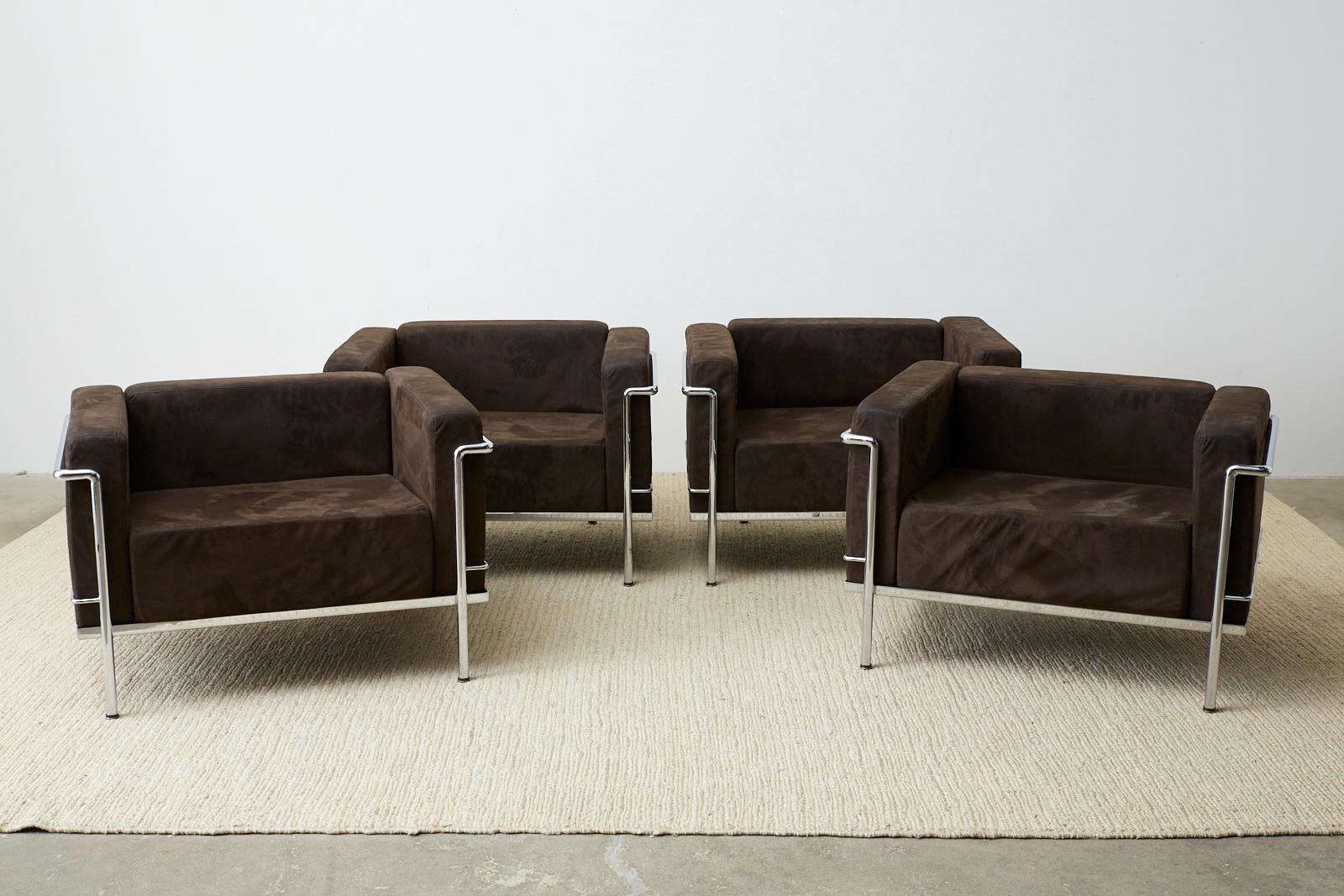 Plush set of four faux leather ultra suede Le Corbusier LC3 style lounge or club chairs made for Mobelaris London, England. Constructed from thick chrome frames with a lustrous finish cradling espresso colored ultra suede cushions. Iconic design and