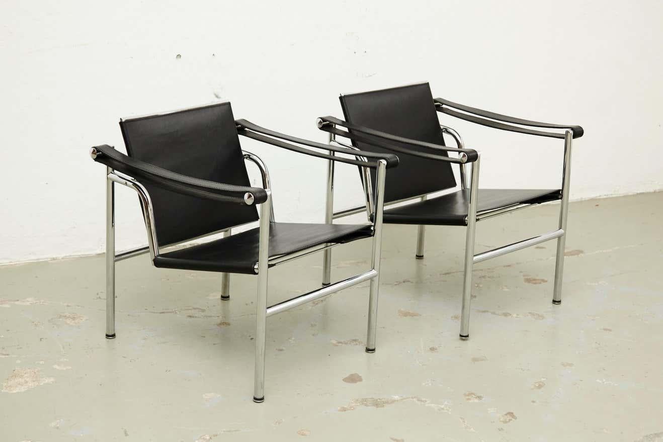 Set of Four Le Corbusier, Pierre Jeanneret Charlotte Perriand LC1 Black Leather 9