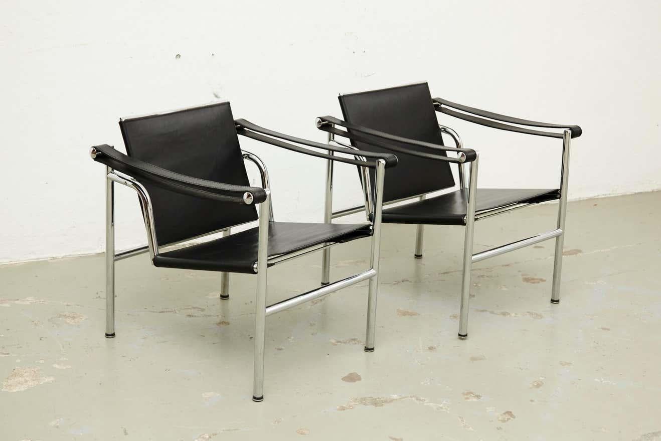 French Set of Four Le Corbusier, Pierre Jeanneret Charlotte Perriand LC1 Black Leather For Sale