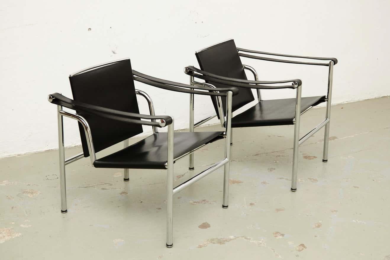 Set of Four Le Corbusier, Pierre Jeanneret Charlotte Perriand LC1 Black Leather 1