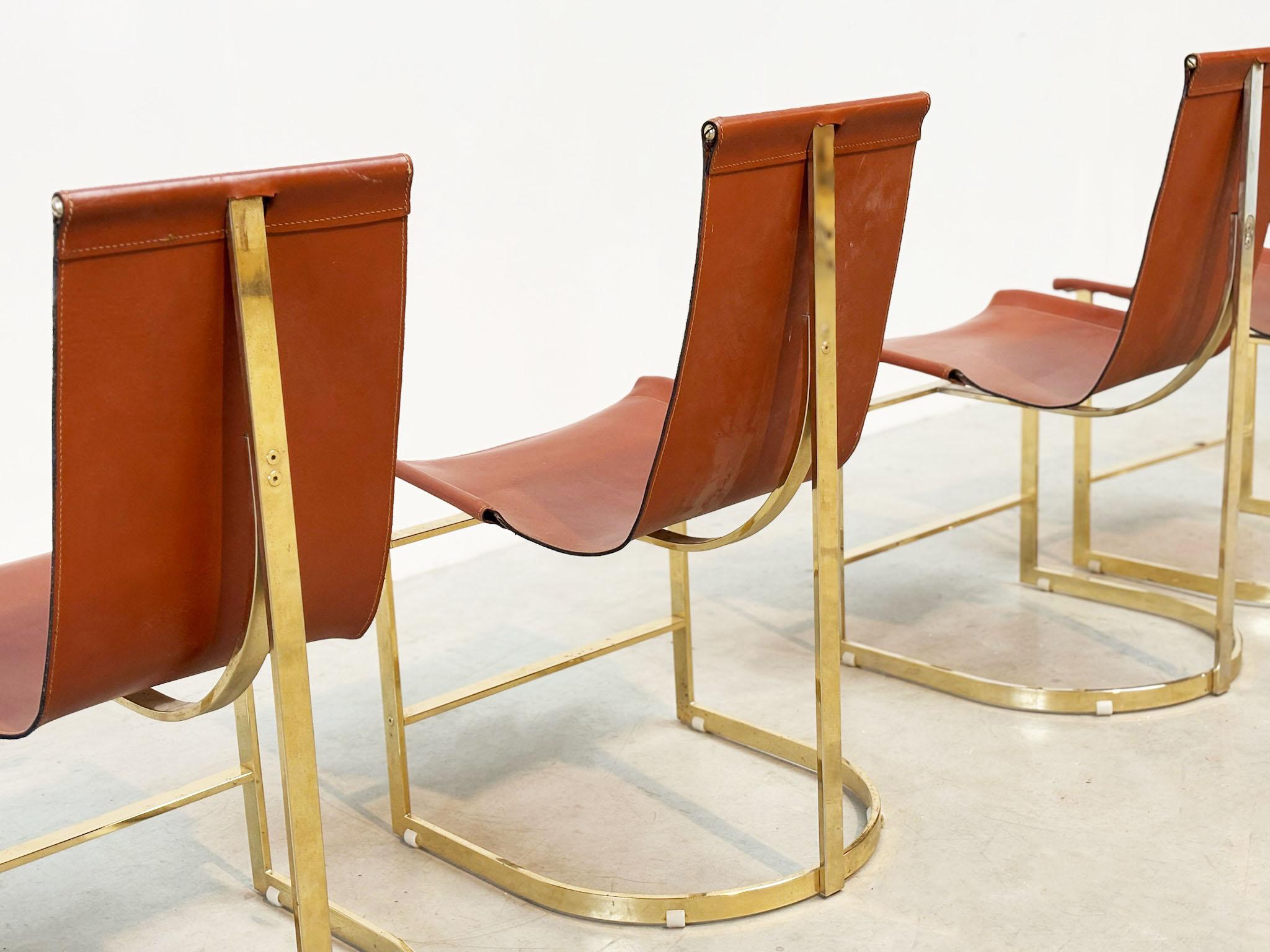 Set of four leather and brass Italian dining chairs For Sale 5