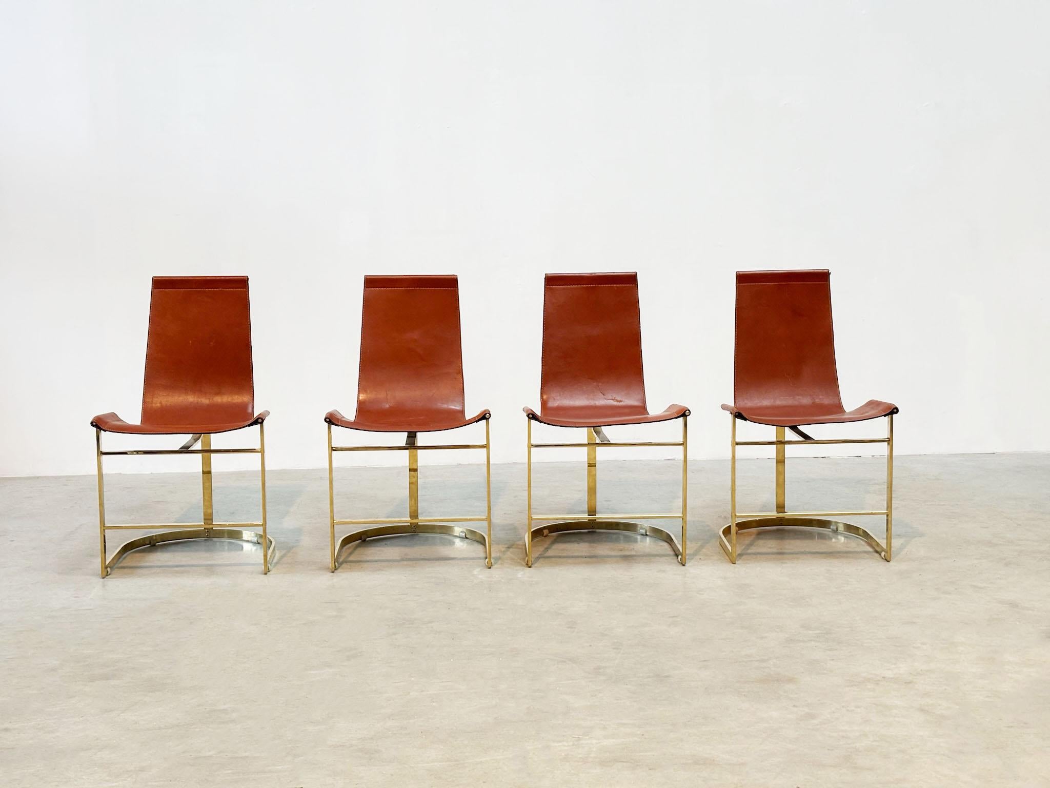 Set of four leather and brass Italian dining chairs
These Italian chairs from the 1980s feature brass frames that perfectly capture the essence of the era. While some erosion on the frames adds a beautiful patina, it only enhances their character.
