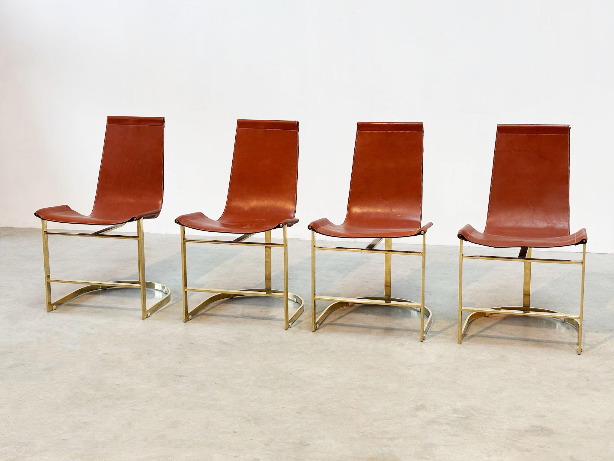 Brass Set of four leather and brass Italian dining chairs For Sale