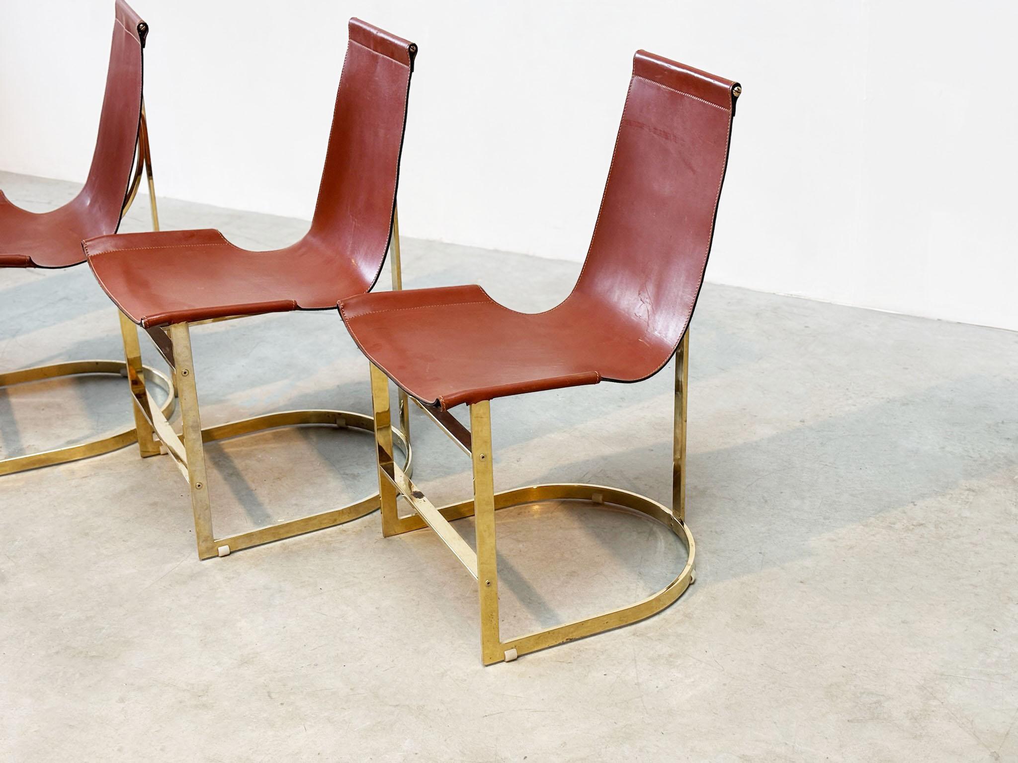 Set of four leather and brass Italian dining chairs For Sale 2