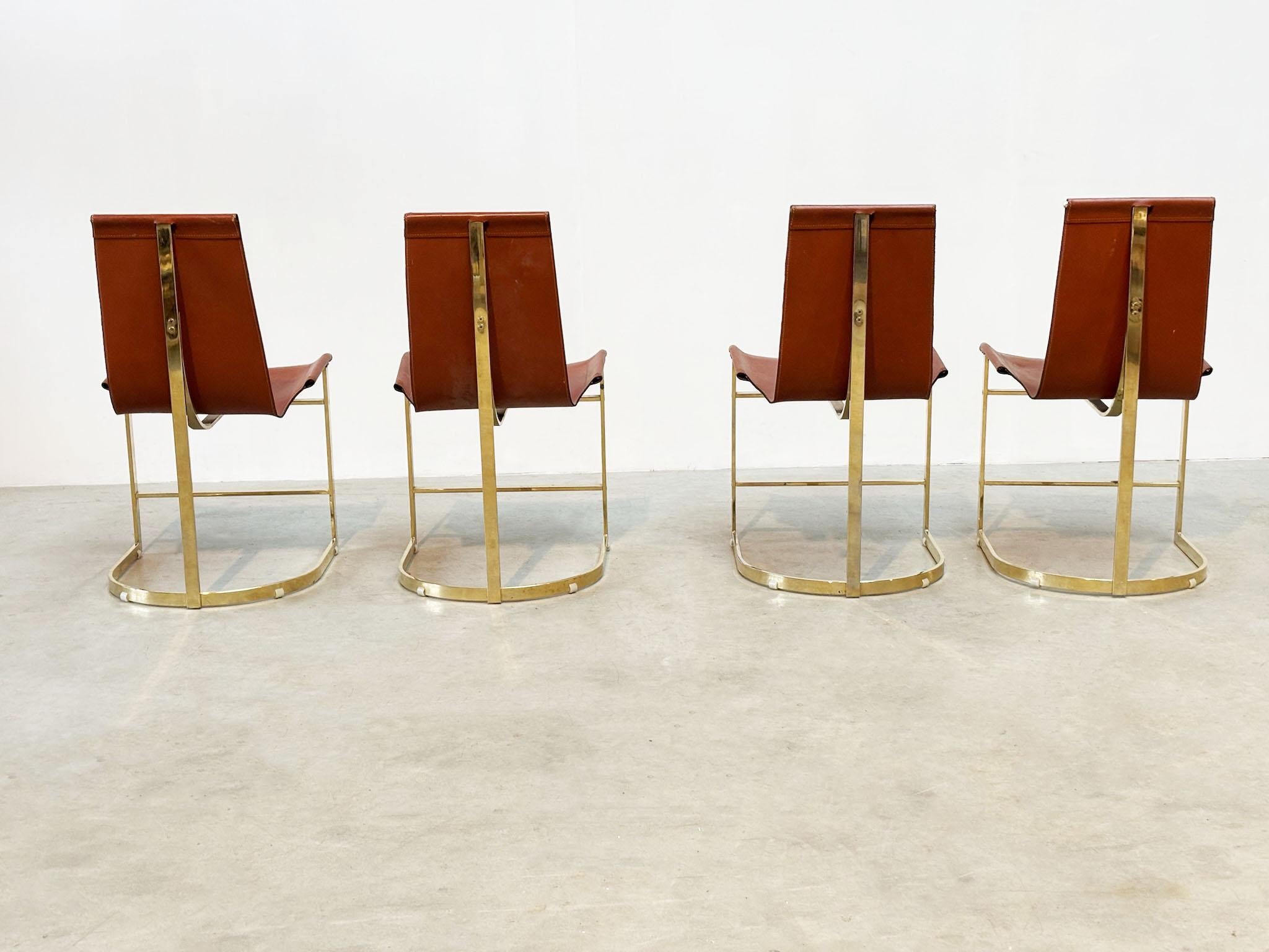 Set of four leather and brass Italian dining chairs For Sale 3