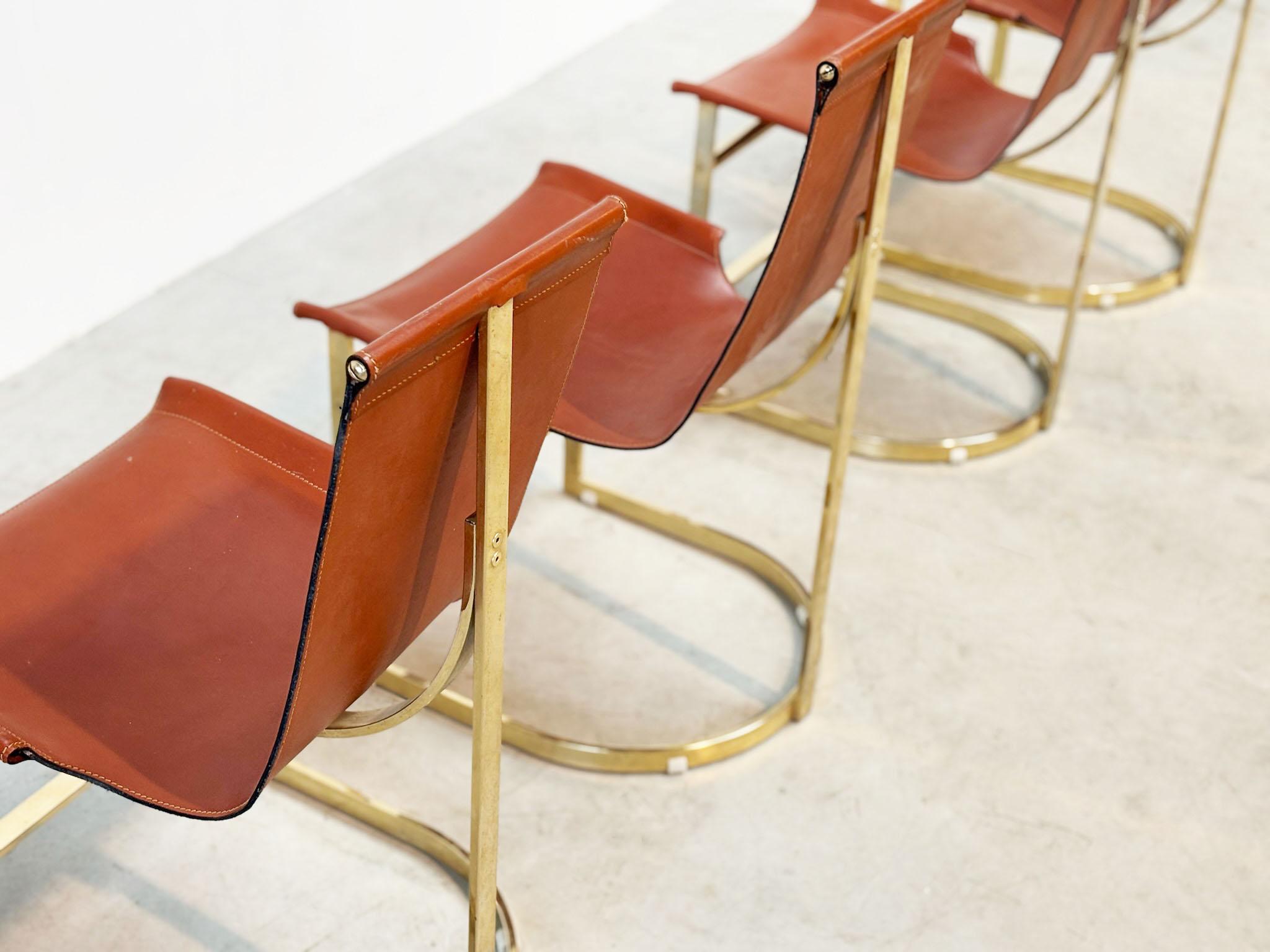 Set of four leather and brass Italian dining chairs For Sale 4