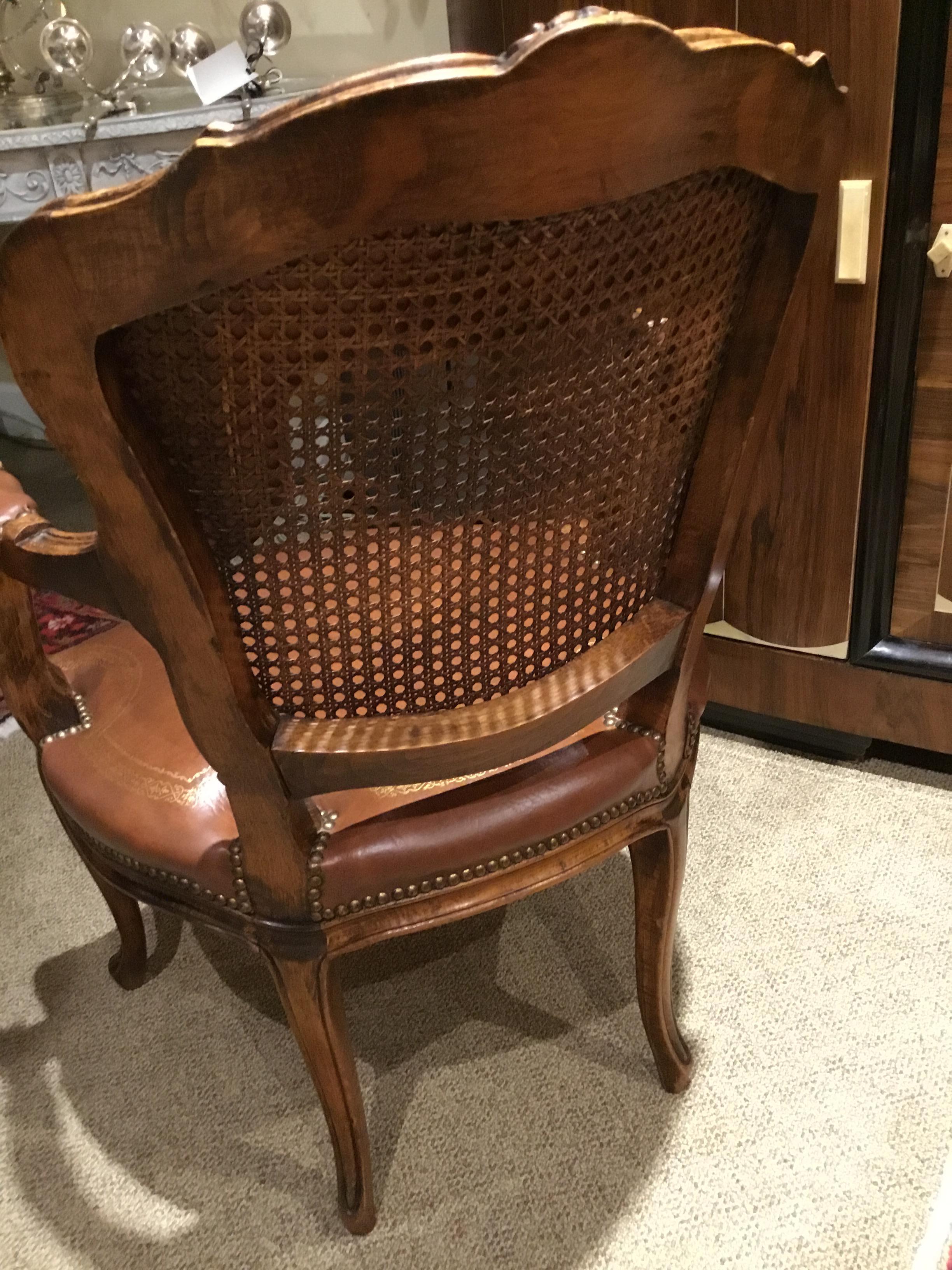 Set of Four Leather and Cane Louis XV Style Armchairs in Walnut In Good Condition In Houston, TX