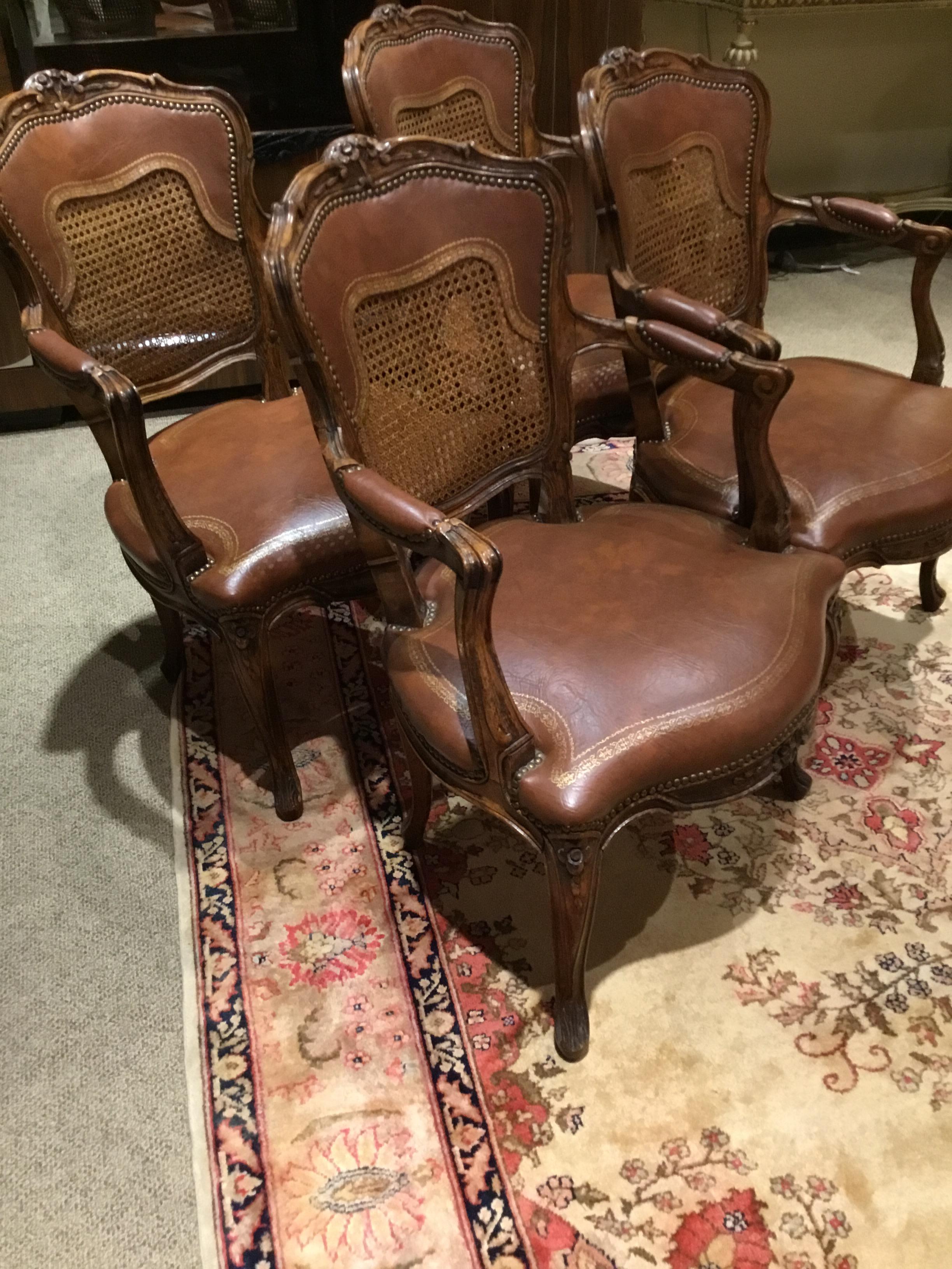 20th Century Set of Four Leather and Cane Louis XV Style Armchairs in Walnut