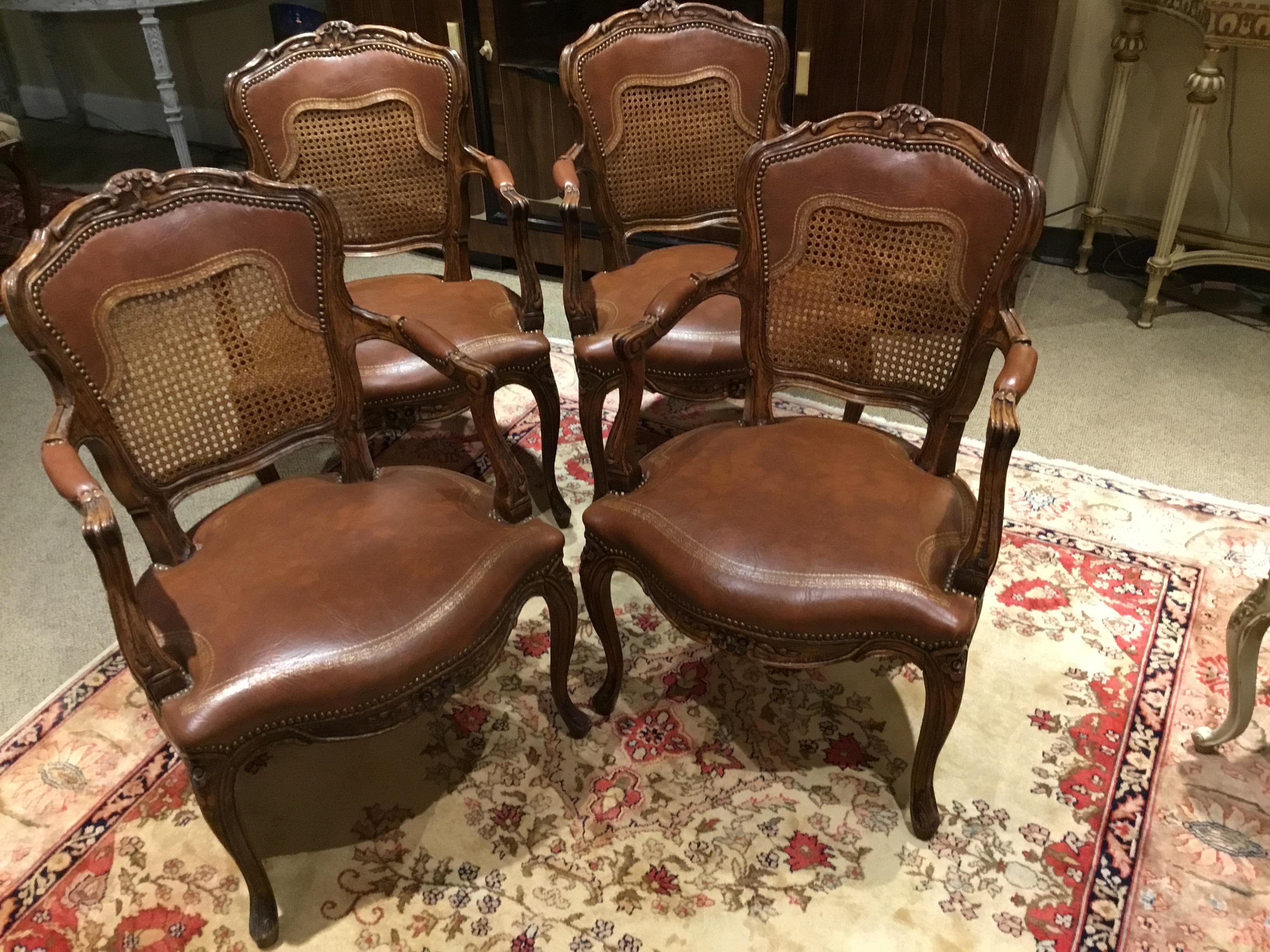 Set of Four Leather and Cane Louis XV Style Armchairs in Walnut 1