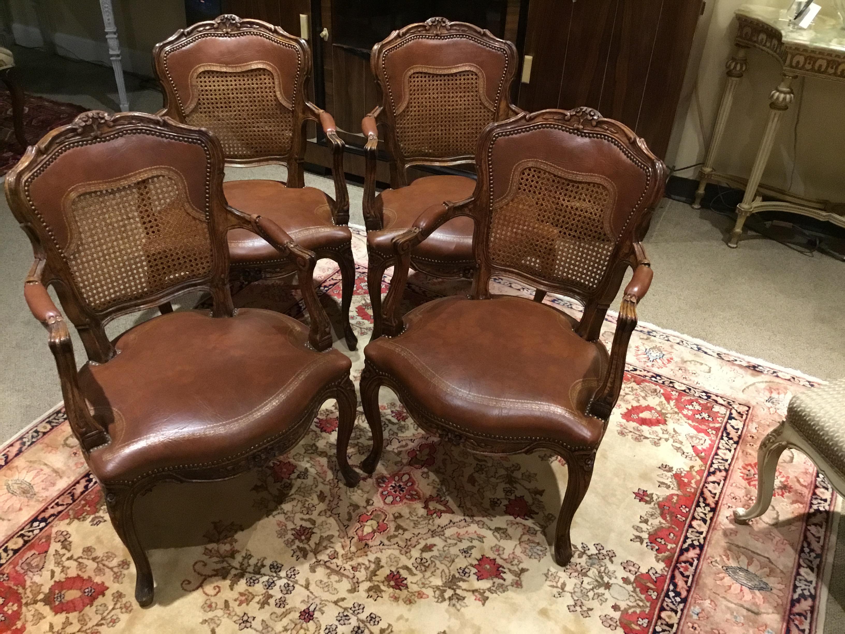 Set of Four Leather and Cane Louis XV Style Armchairs in Walnut 2