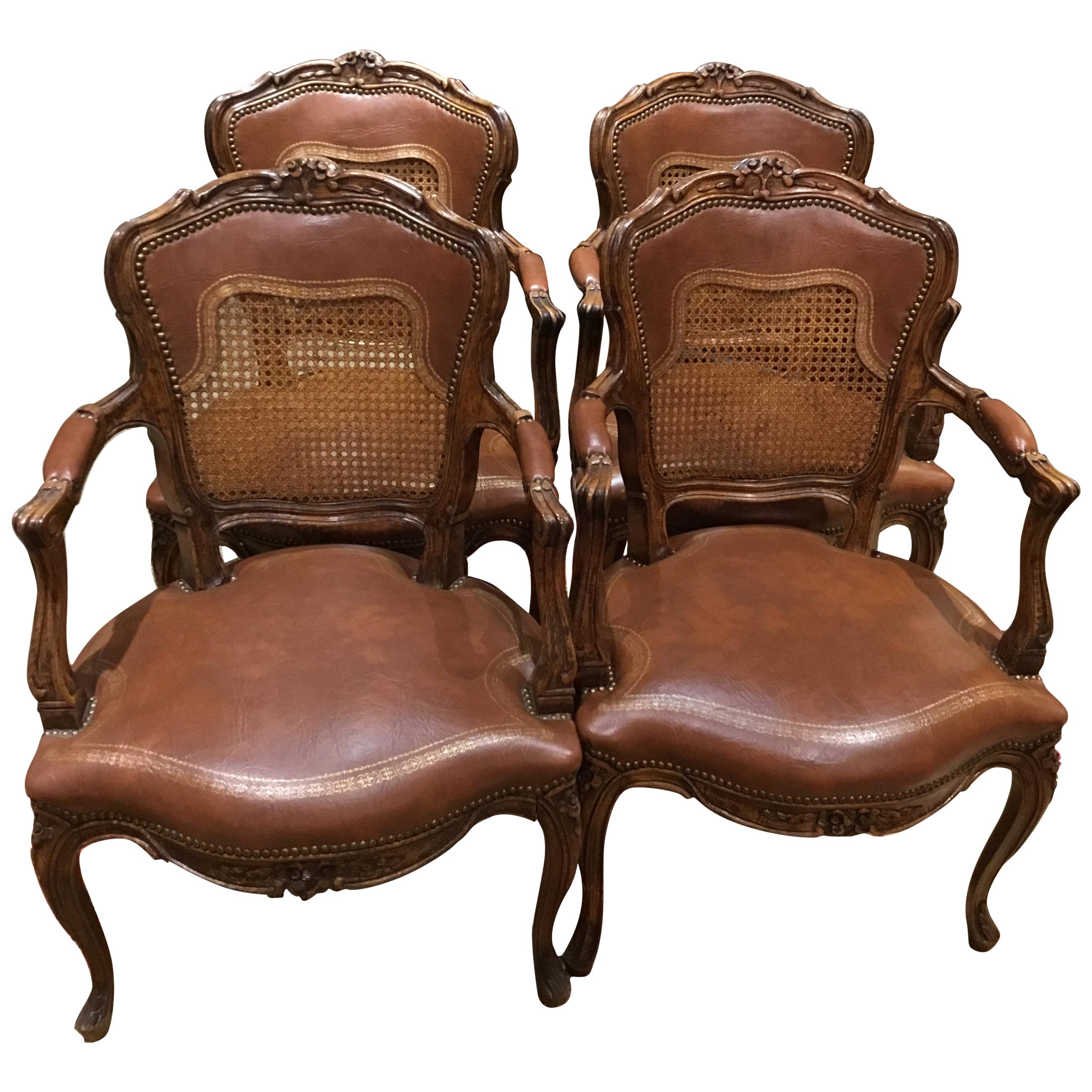 Set of Four Leather and Cane Louis XV Style Armchairs in Walnut