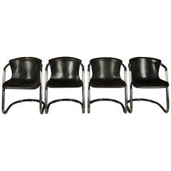 Set of Four Leather and Chrome Dining Chairs Designed by Willy Rizzo, circa 1970
