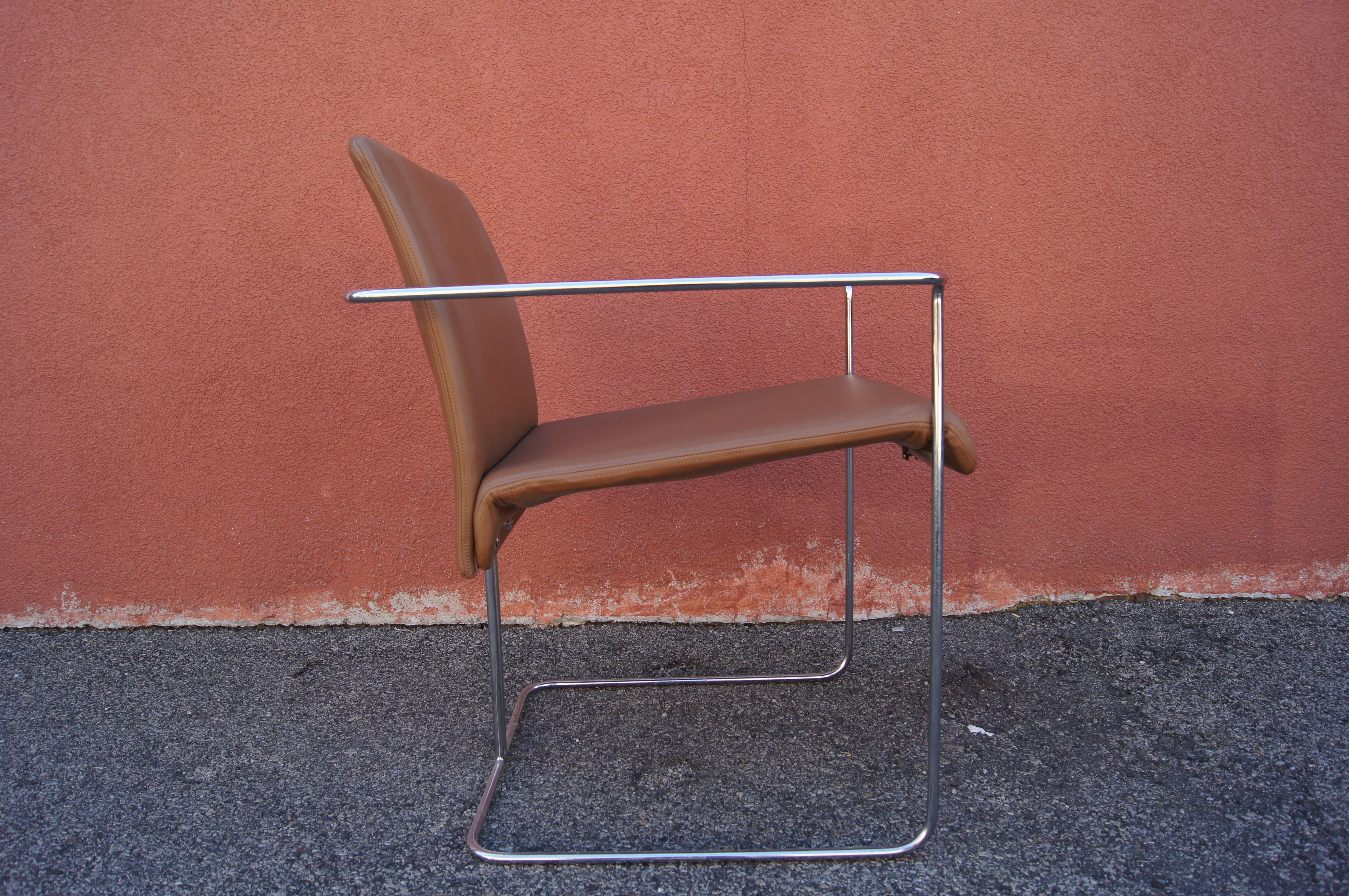 Set of Four Leather and Chrome P15 Armchairs by Ernesto Radaelli for Saporiti For Sale 1