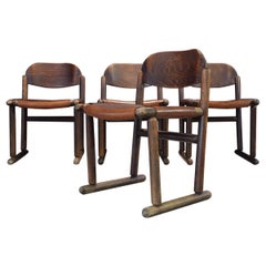 Set of Four Leather and Stained Wood Brutalist Dining Chairs, 1970s