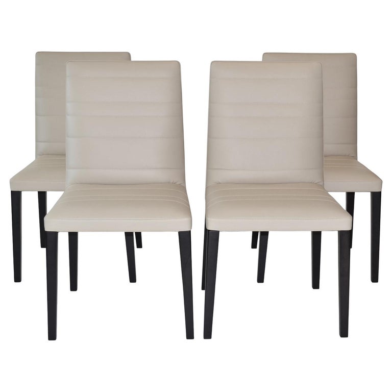 Set of Four Leather and Wood Louise Dining or Side Chairs by Poltrona