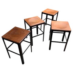 Vintage Set of Four Leather Bar Stools, France, Midcentury