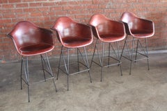 Set of Four Leather Bar Stools on Iron Bases