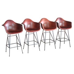 Set of Four Leather Bar Stools on Iron Bases